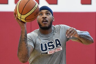 LAS VEGAS, NV - AUGUST 12:  Carmelo Anthony #20 of the 2015 USA Basketball Men's National Team drives to the basket during a practice session at the Mendenhall Center on August 12, 2015 in Las Vegas, Nevada.  (Photo by Ethan Miller/Getty Images)