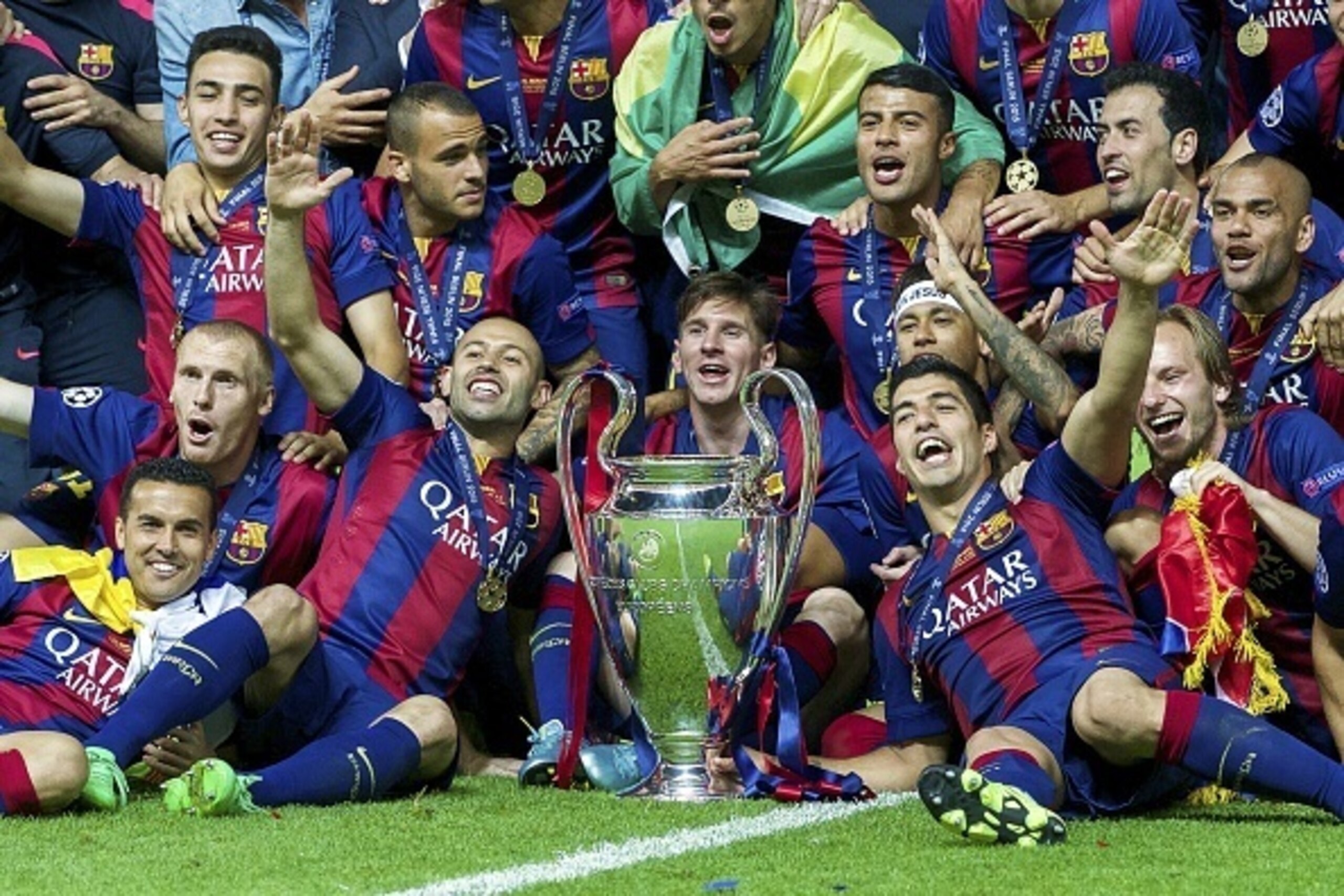 (L-R) Pedro Rodriguez of FC Barcelona, Jeremy Mathieu of FC Barcelona, Munir El Haddadi of FC Barcelona, Douglas of FC Barcelona, Javier Mascherano of FC Barcelona, Lionel Messi of FC Barcelona, Adriano of FC Barcelona with Champions League trophy during 