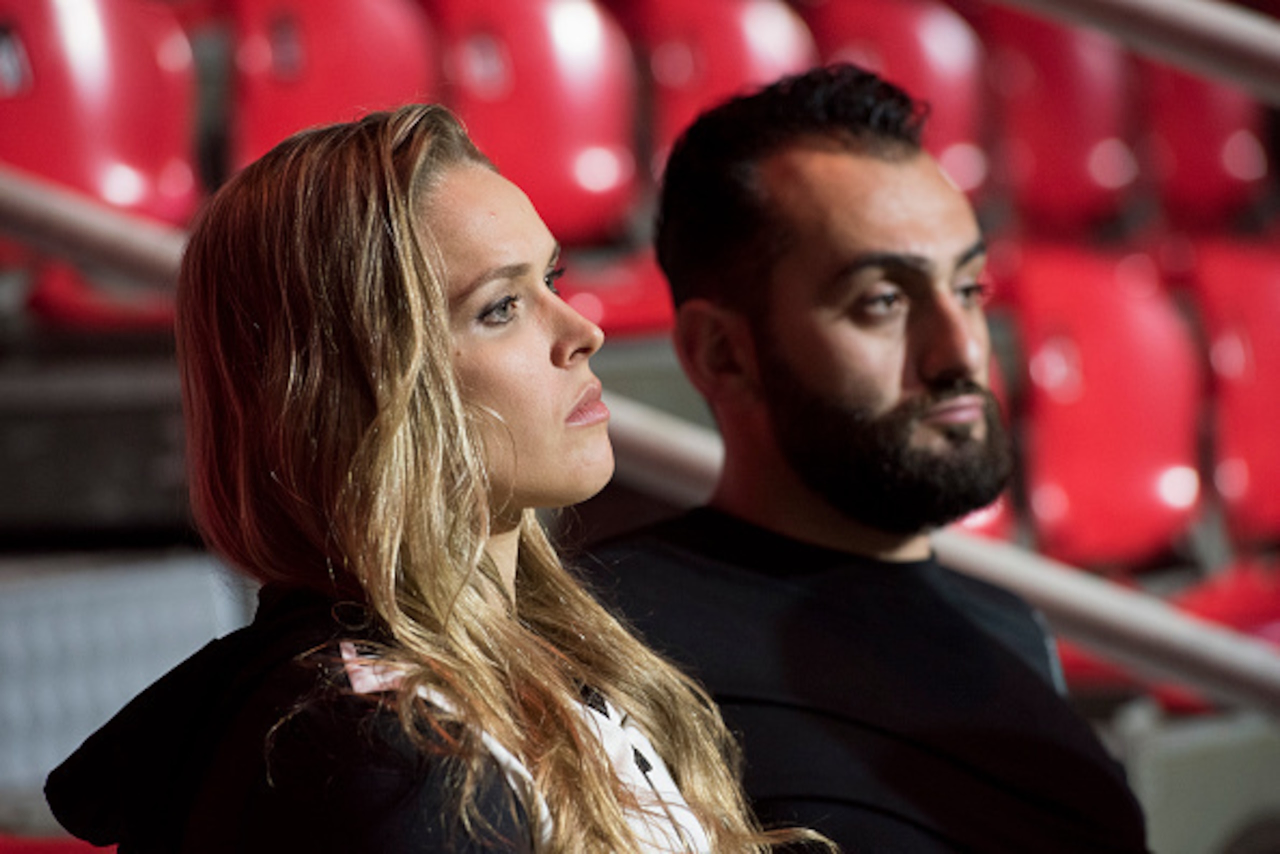 RIO DE JANEIRO, BRAZIL - JULY 31:  (L-R) UFC women's bantamweight champion Ronda Rousey of the United States waits backstage with Edmond Tarverdyan during the UFC 190 weigh-in event at the HSBC Arena on July 31, 2015 in Rio de Janeiro, Brazil.  (Photo by 