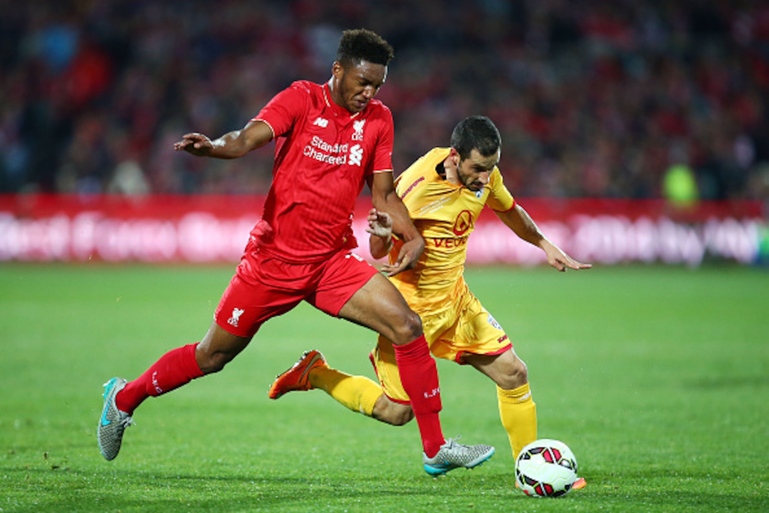 ADELAIDE, AUSTRALIA - JULY 20: Sergio Cirio of United is challenged by Joe Gomez of Liverpool during the international friendly match between Adelaide United and Liverpool FC at Adelaide Oval on July 20, 2015 in Adelaide, Australia. (Photo by Matt King/ ADELAIDE, AUSTRALIA - JULY 20: Sergio Cirio of United is challenged by Joe Gomez of Liverpool during the international friendly match between Adelaide United and Liverpool FC at Adelaide Oval on July 20, 2015 in Adelaide, Australia. (Photo by Matt King/