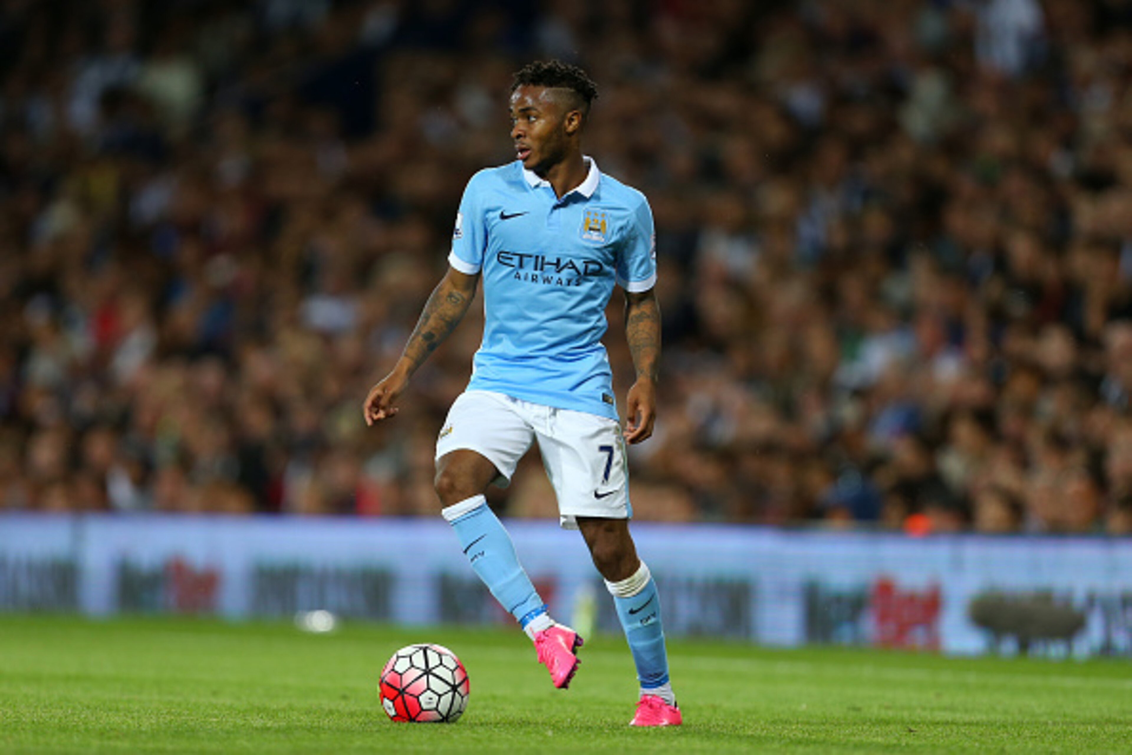 WEST BROMWICH, ENGLAND - AUGUST 10: Raheem Sterling of Manchester City during the Barclays Premier League match between West Bromwich Albion and Manchester City at The Hawthorns  on August 10, 2015 in West Bromwich, England.  (Photo by Catherine Ivill - A