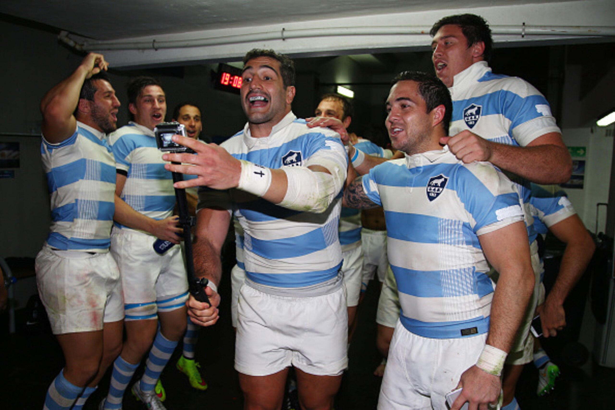 DURBAN, SOUTH AFRICA - AUGUST 08: Argentina players celebrating after the win over South Africa during The Castle Lager Rugby Championship 2015 match between South Africa and Argentina at Growthpoint Kings Park on August 08, 2015 in Durban, South Africa. 