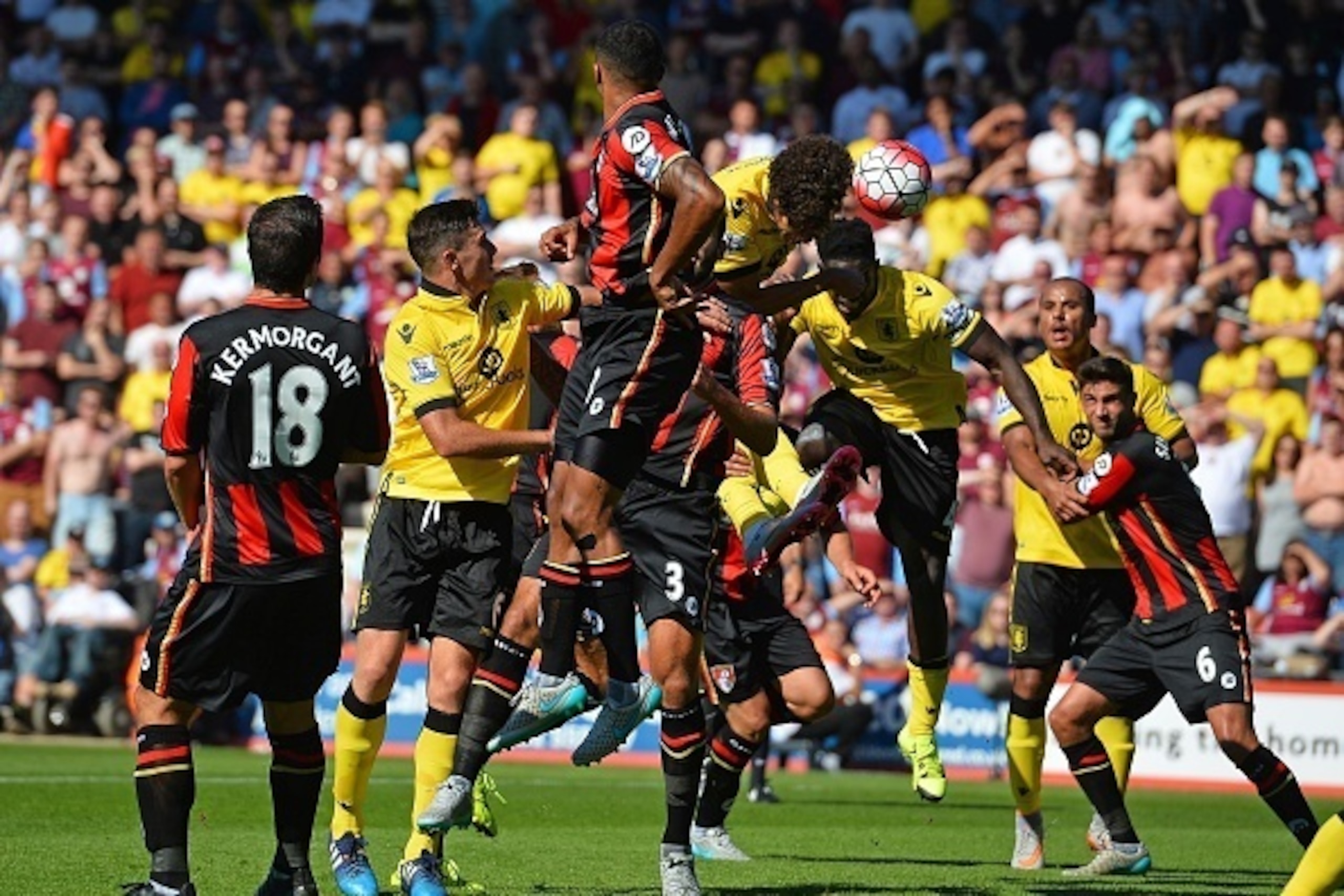 Aston Villa's French-born Beninese striker Rudy Gestede (4th R) scores the opening goal of the English Premier League football match between Bournemouth and Aston Villa at the Vitality Stadium in Bournemouth, southern England on August 8, 2015. AFP PHOTO 