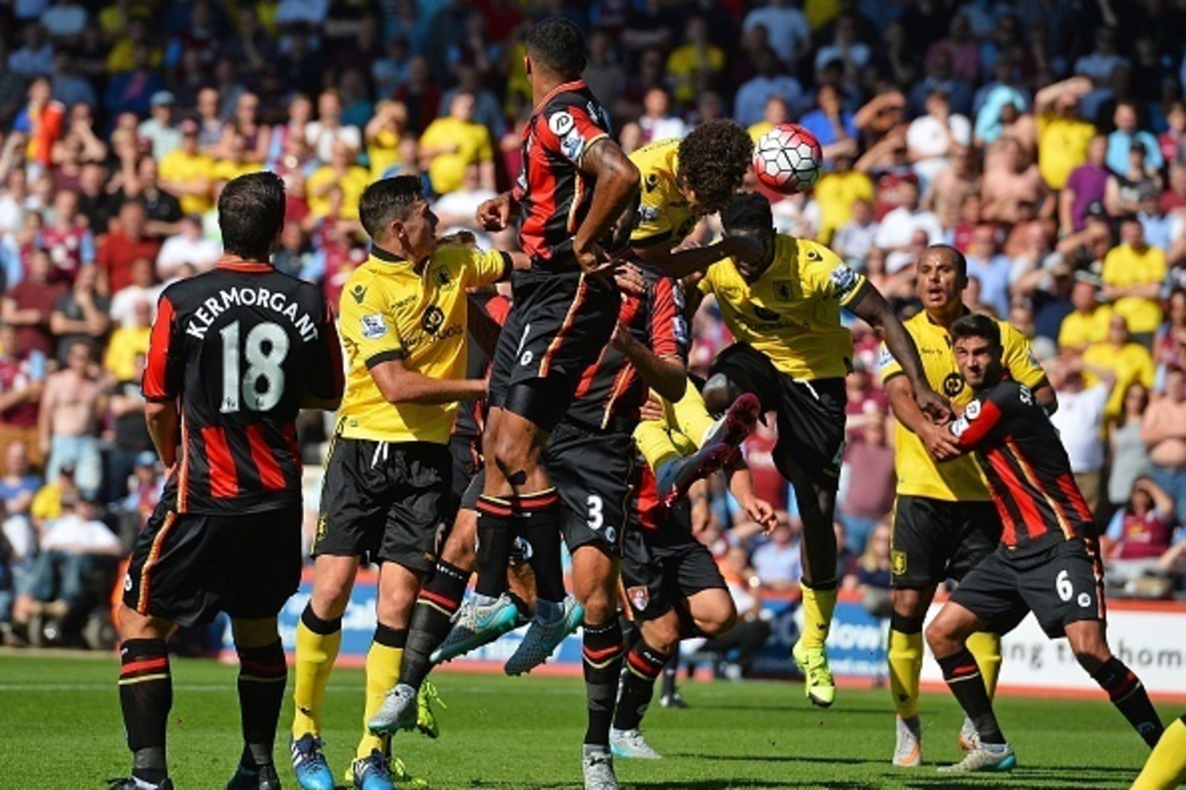 Aston Villa's French-born Beninese striker Rudy Gestede (4th R) scores the opening goal of the English Premier League football match between Bournemouth and Aston Villa at the Vitality Stadium in Bournemouth, southern England on August 8, 2015. AFP PHOTO 