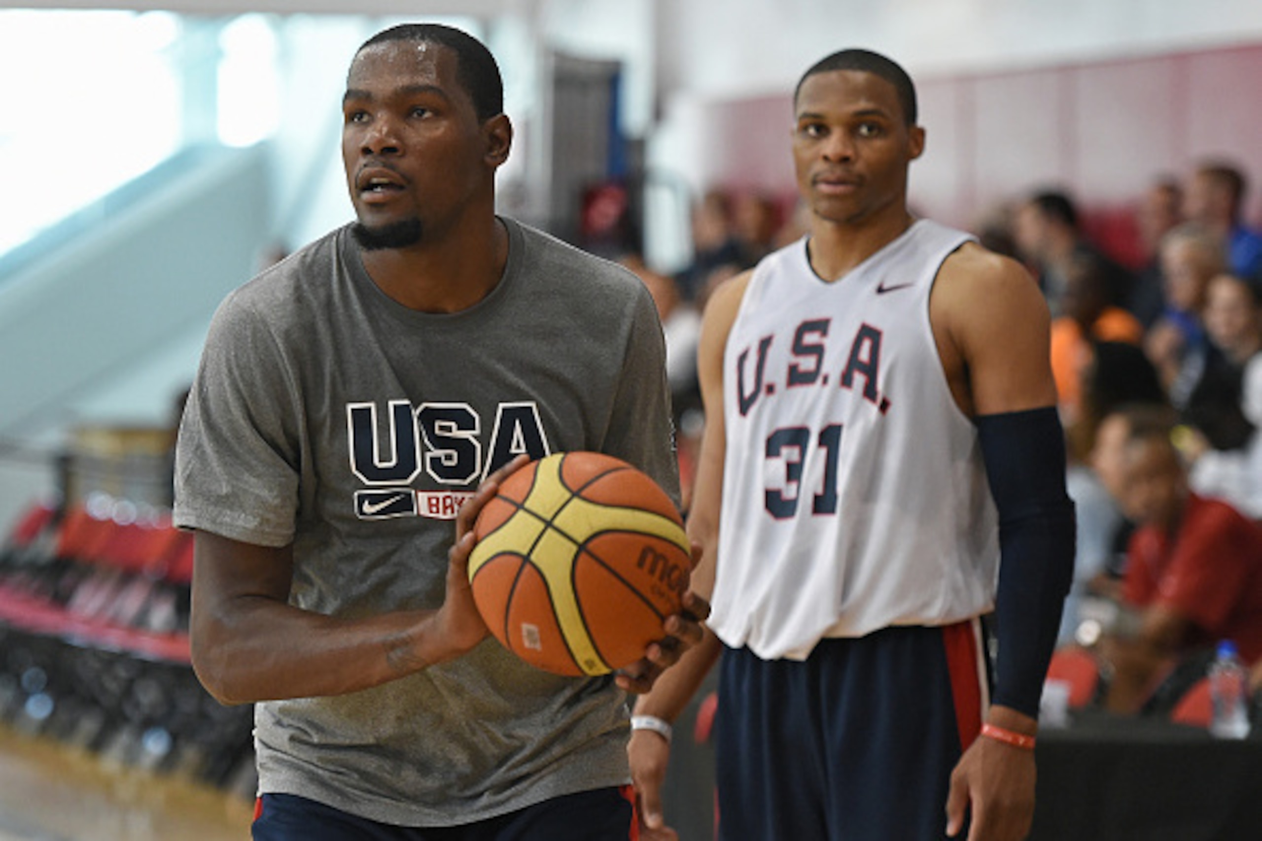 LAS VEGAS, NV - AUGUST 11:  Kevin Durant #29 and Russell Westbrook #31 of the 2015 USA Basketball Men's National Team attend a practice session at the Mendenhall Center on August 11, 2015 in Las Vegas, Nevada.  (Photo by Ethan Miller/Getty Images)