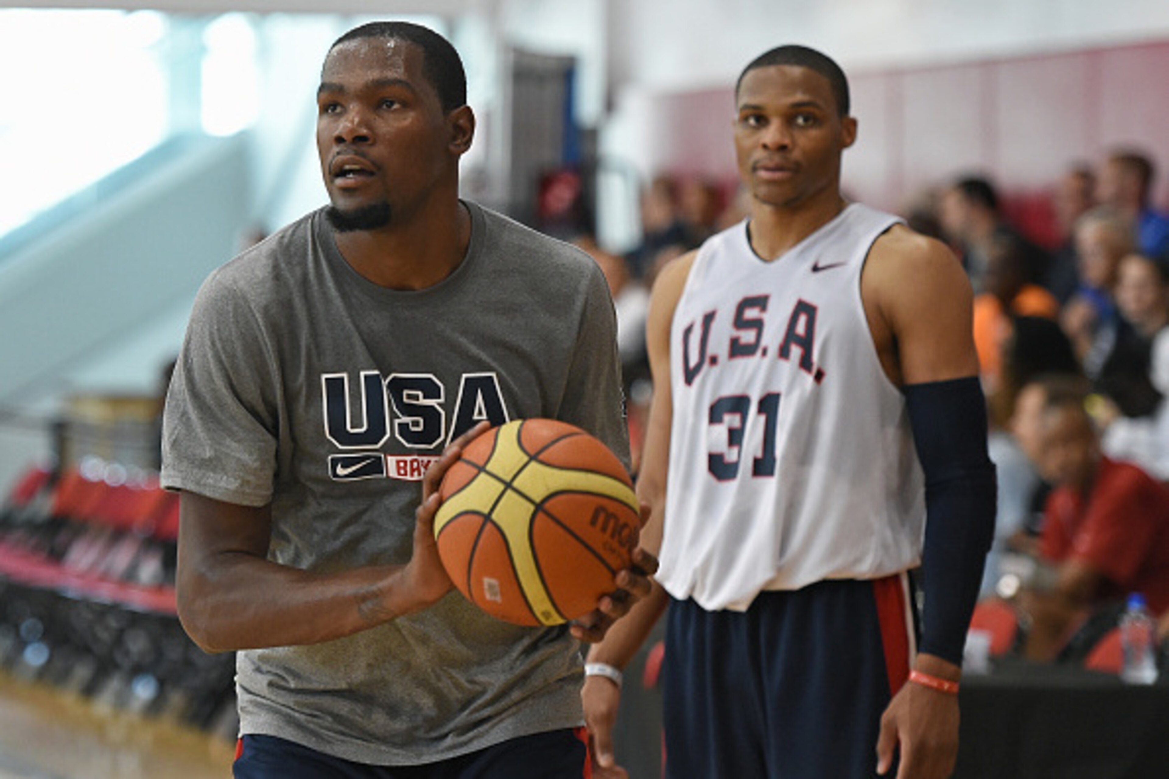 LAS VEGAS, NV - AUGUST 11: Kevin Durant #29 and Russell Westbrook #31 of the 2015 USA Basketball Men's National Team attend a practice session at the Mendenhall Center on August 11, 2015 in Las Vegas, Nevada. (Photo by Ethan Miller/Getty Images) LAS VEGAS, NV - AUGUST 11: Kevin Durant #29 and Russell Westbrook #31 of the 2015 USA Basketball Men's National Team attend a practice session at the Mendenhall Center on August 11, 2015 in Las Vegas, Nevada. (Photo by Ethan Miller/Getty Images)