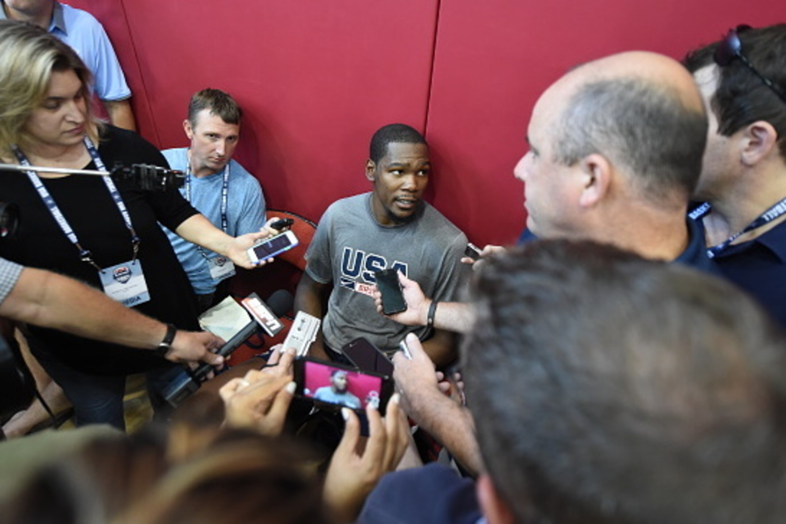 LAS VEGAS, NV - AUGUST 11:  Kevin Durant of the USA National Team talks to the media after a minicamp at UNLV on August 11, 2015 in Las Vegas, Nevada. NOTE TO USER: User expressly acknowledges and agrees that, by downloading and/or using this Photograph, 
