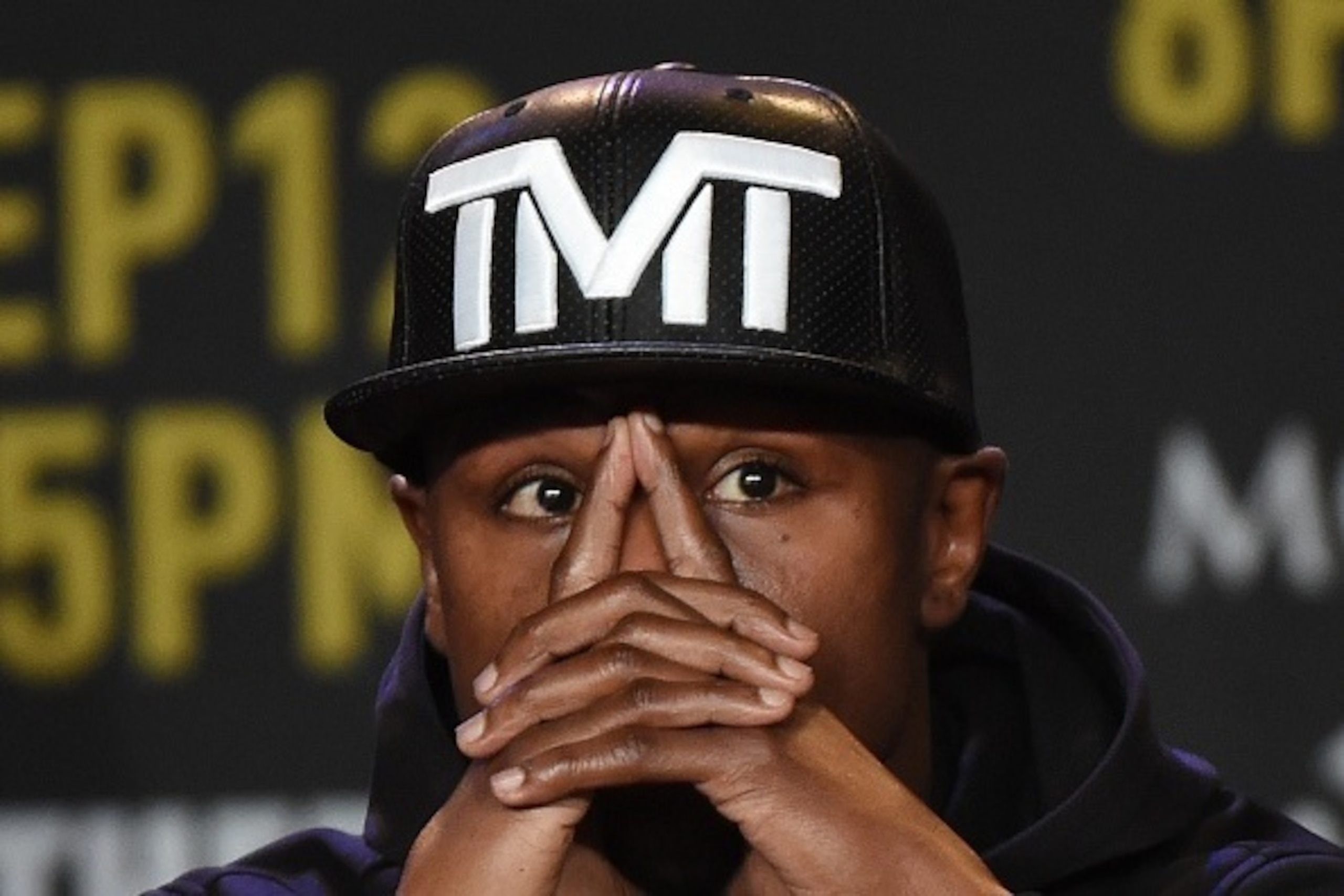 Boxer Floyd 'Money' Mayweather during a press conference to officially announce his September 12 fight against Andre Berto that will place at the MGM Grand Garden Arena in Las Vegas, at the Marriott Hotel in Los Angeles, California on August 6, 2015.  May