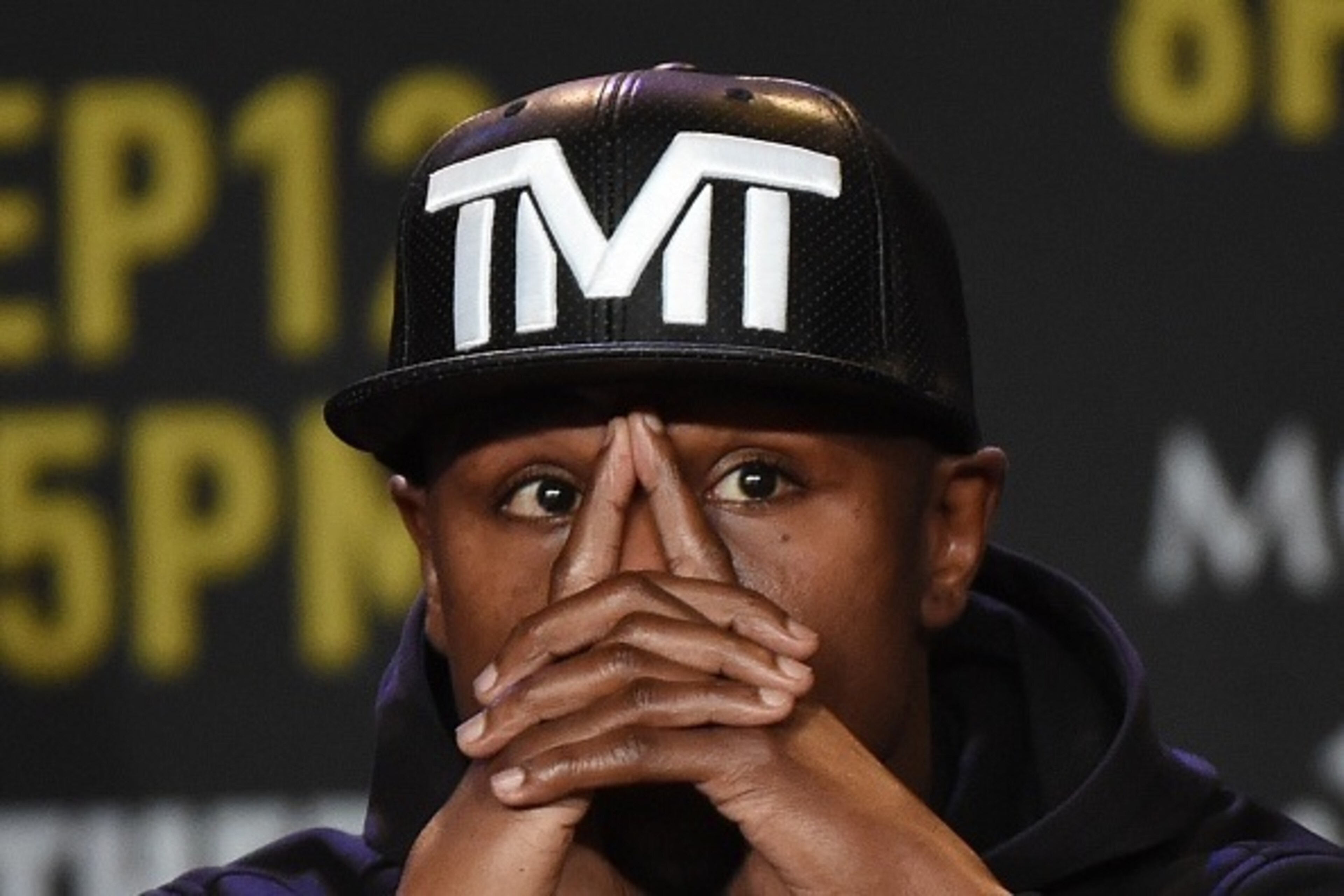 Boxer Floyd 'Money' Mayweather during a press conference to officially announce his September 12 fight against Andre Berto that will place at the MGM Grand Garden Arena in Las Vegas, at the Marriott Hotel in Los Angeles, California on August 6, 2015.  May