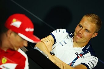MONTE-CARLO, MONACO - MAY 20:  Valtteri Bottas of Finland and Williams (rear) and Kimi Raikkonen of Finland and Ferrari (front) attend the drivers press conference during previews to the Monaco Formula One Grand Prix at Circuit de Monaco on May 20, 2015 i