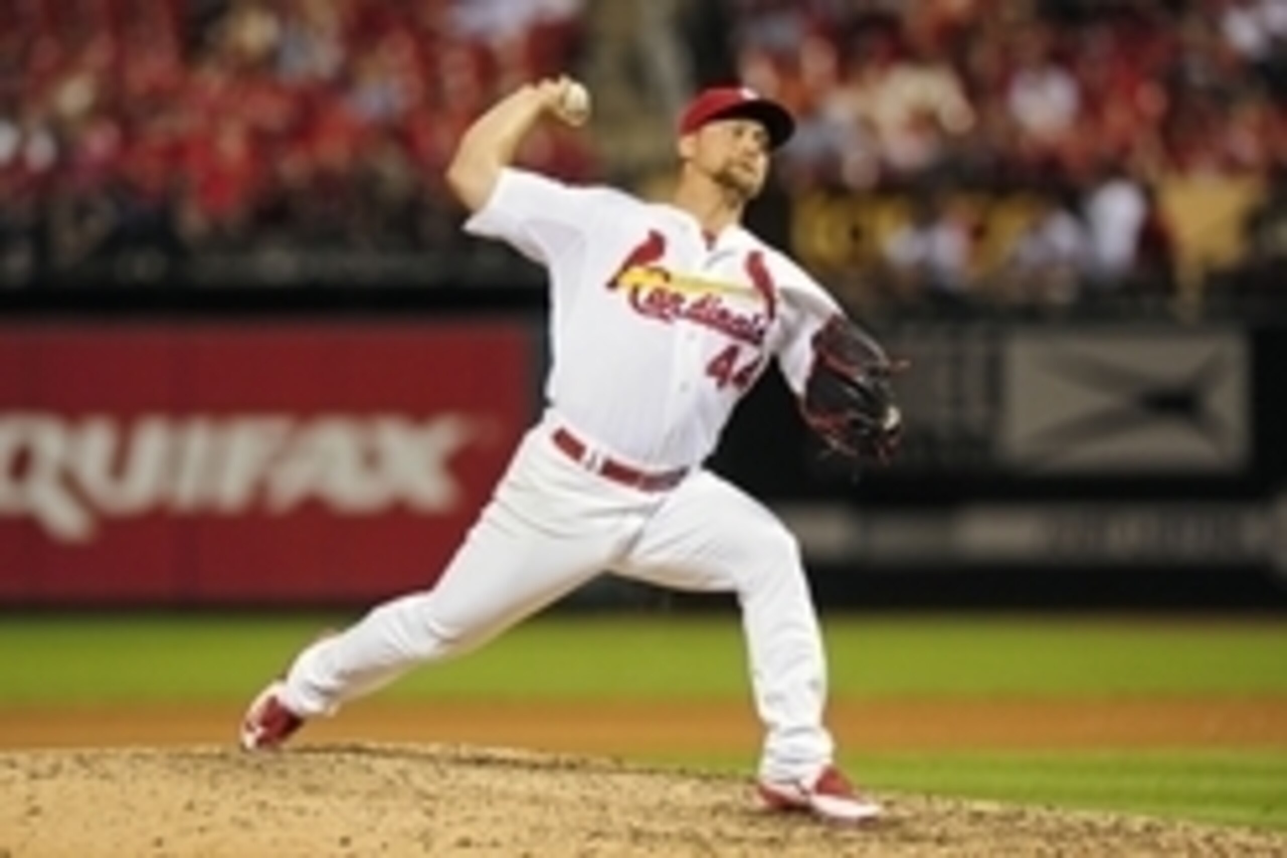 Aug 12, 2015; St. Louis, MO, USA; St. Louis Cardinals relief pitcher Trevor Rosenthal (44) throws the ball against the Pittsburgh Pirates during the ninth inning at Busch Stadium. The Cardinals won 4-2. Mandatory Credit: Jeff Curry-USA TODAY Sports