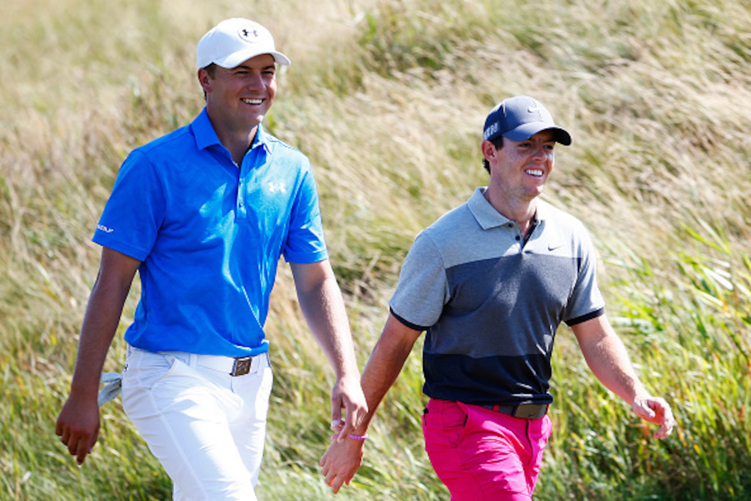 SHEBOYGAN, WI - AUGUST 13:  Jordan Spieth of the United States and Rory McIlroy of Northern Ireland walk together on the fifth hole during the first round of the 2015 PGA Championship at Whistling Straits on August 13, 2015 in Sheboygan, Wisconsin.  (Phot