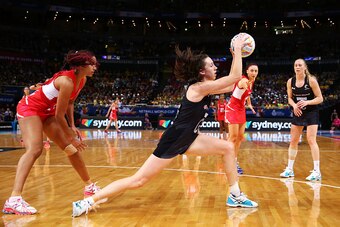 SYDNEY, AUSTRALIA - AUGUST 15:  Bailey Mes of New Zealand catches the ball during the 2015 Netball World Cup Semi Final 1 match between New Zealand and England at Allphones Arena on August 15, 2015 in Sydney, Australia.  (Photo by Matt King/Getty Images)