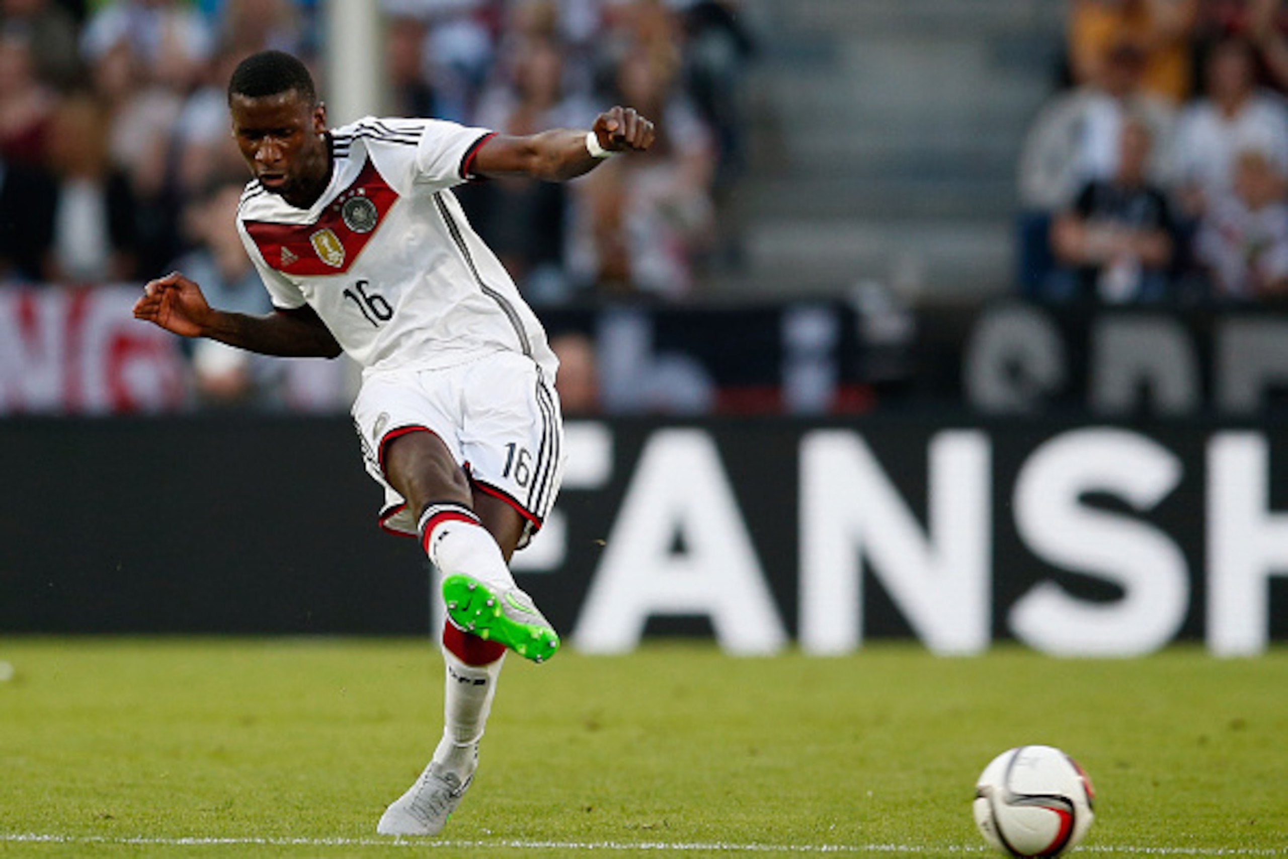 COLOGNE, GERMANY - JUNE 10:  Antonio Ruediger of Germany kicks the ball during the International Friendly match between Germany and USA at RheinEnergieStadion on June 10, 2015 in Cologne, Germany.  (Photo by Boris Streubel/Getty Images)
