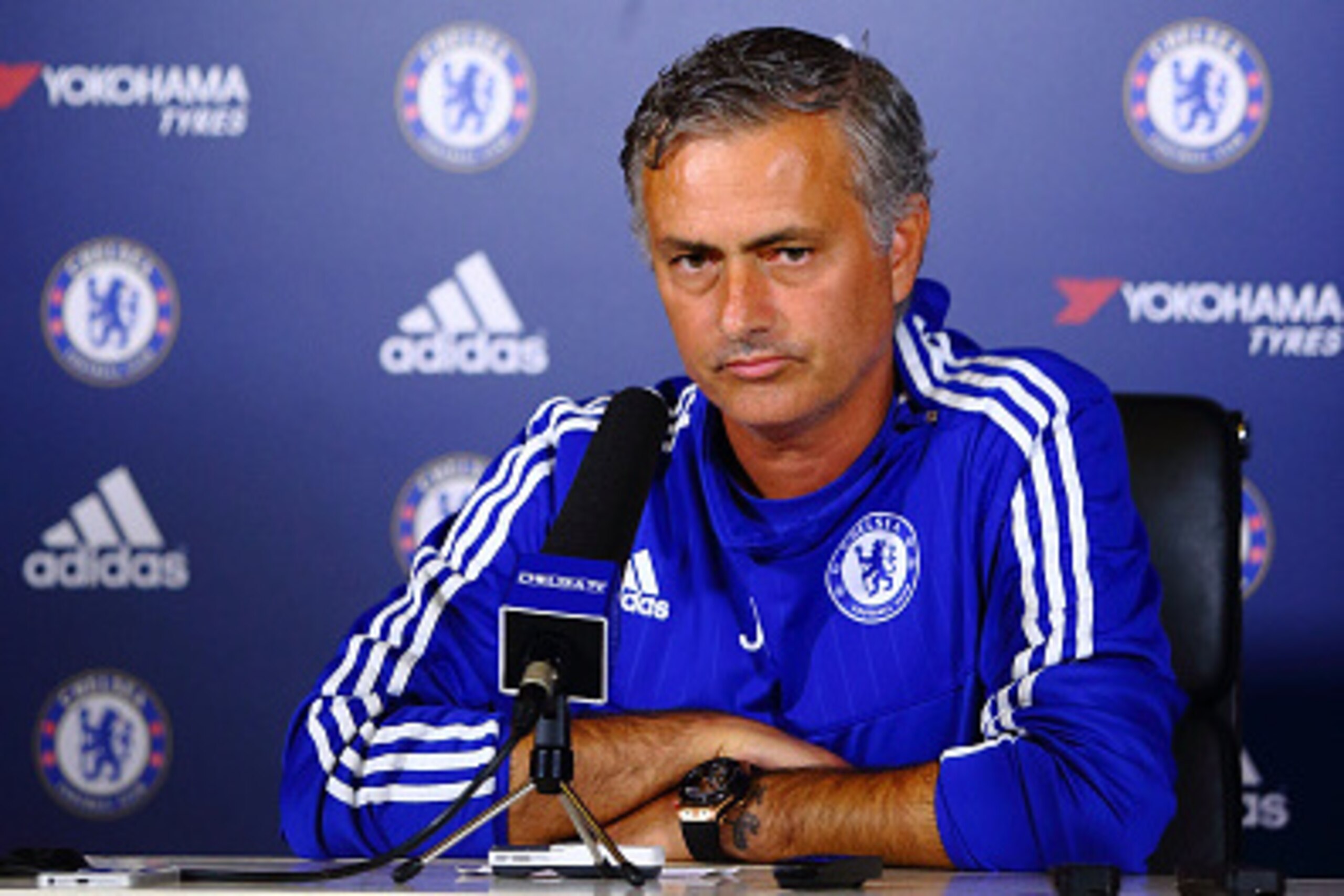 COBHAM, ENGLAND - AUGUST 14:  Jose Mourinho looks on during a press conference at Chelsea Training Ground on August 14, 2015 in Cobham, England.  (Photo by Jordan Mansfield/Getty Images)
