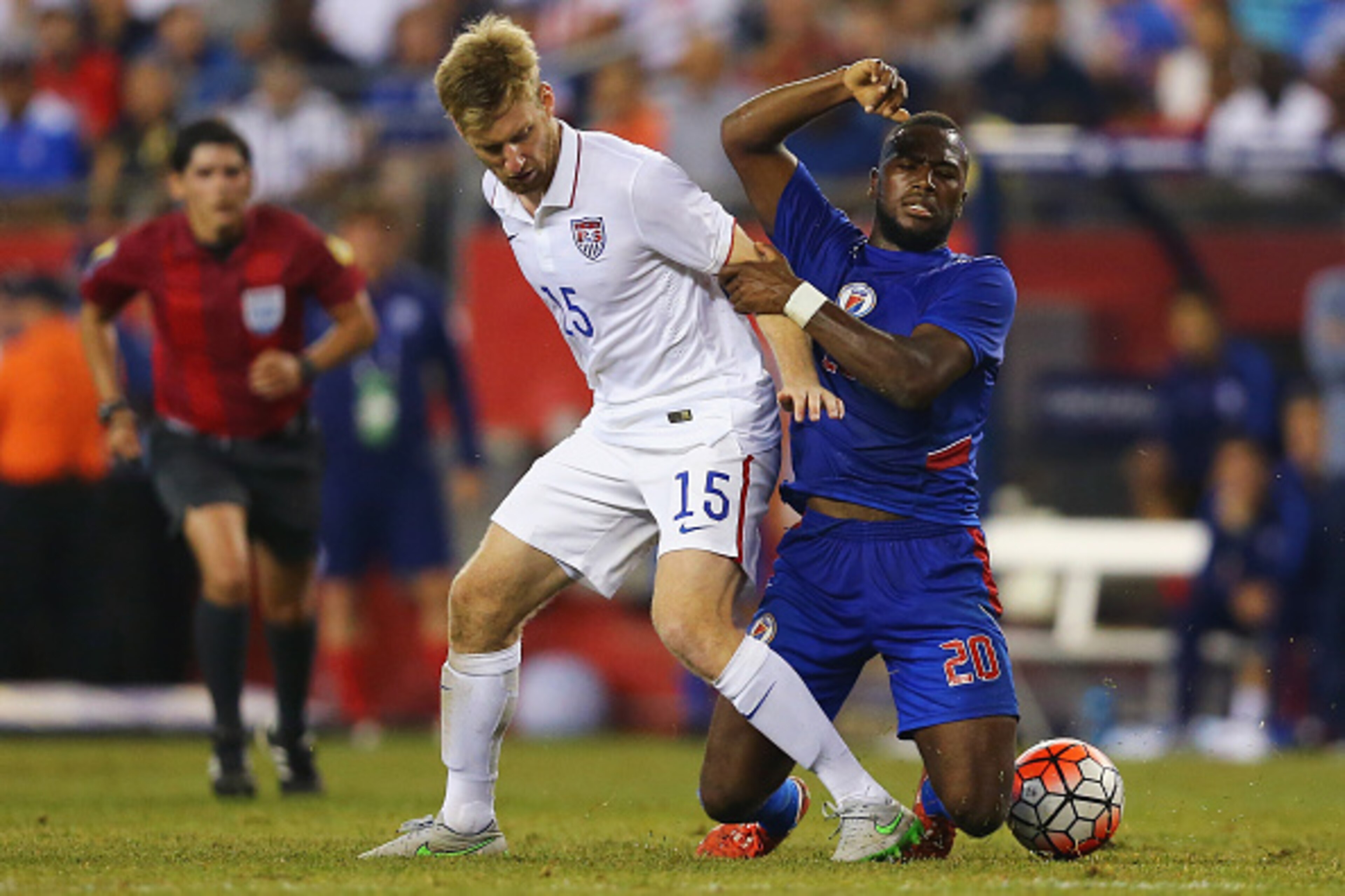 FOXBORO, MA - JULY 10:  Tim Ream #15 of United States and Sony Norde #20 of Haiti battle for the ball during the 2015 CONCACAF  Gold Cup Group A match between United States and Haiti at Gillette Stadium on July 10, 2015 in Foxboro, Massachusetts.  (Photo 