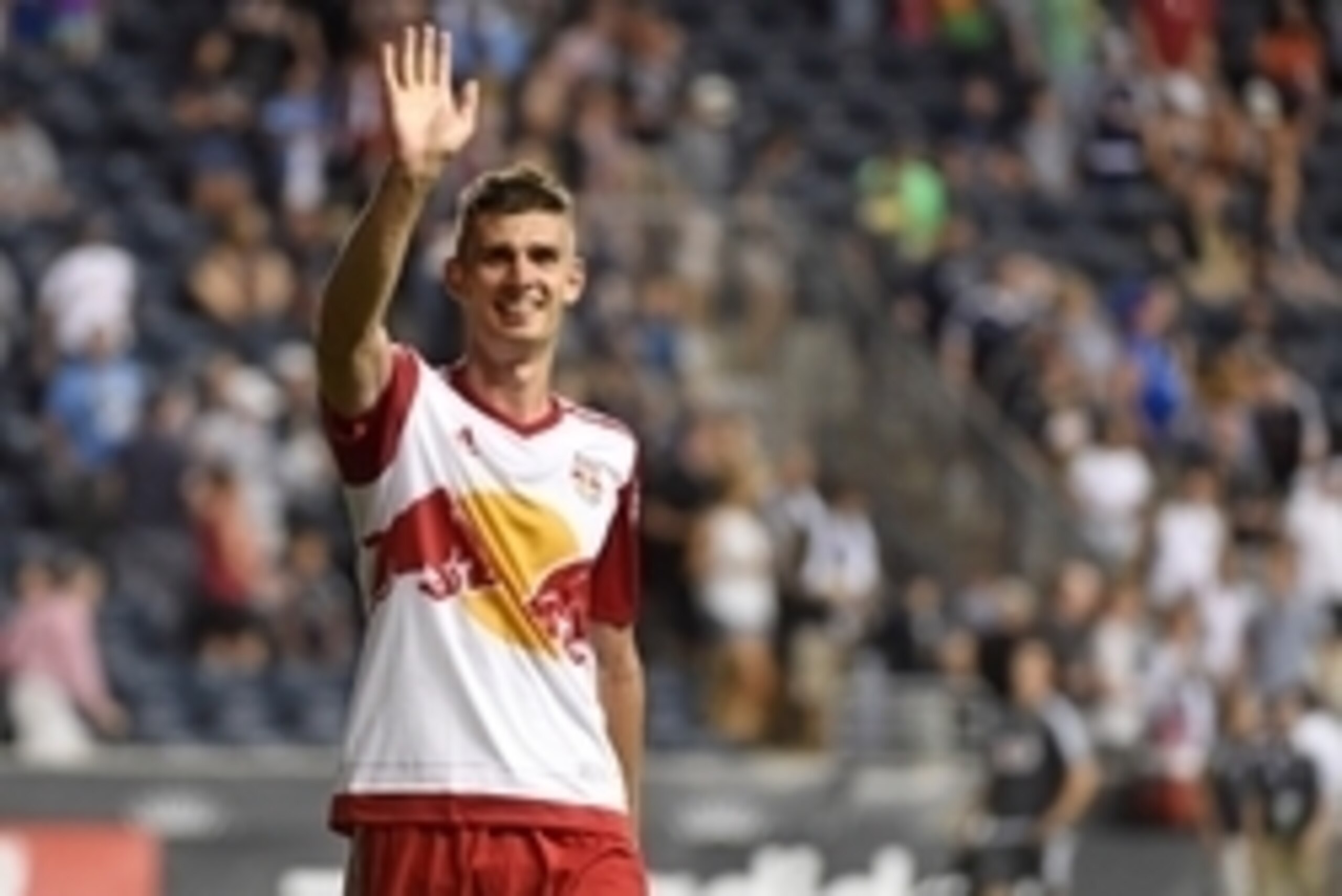 Aug 1, 2015; Philadelphia, PA, USA; New York Red Bulls defender Matt Miazga (20) acknowledge the New York Red Bulls fans after win against the Philadelphia Union at PPL Park. The Red Bulls won 3-1. Mandatory Credit: Eric Hartline-USA TODAY Sports