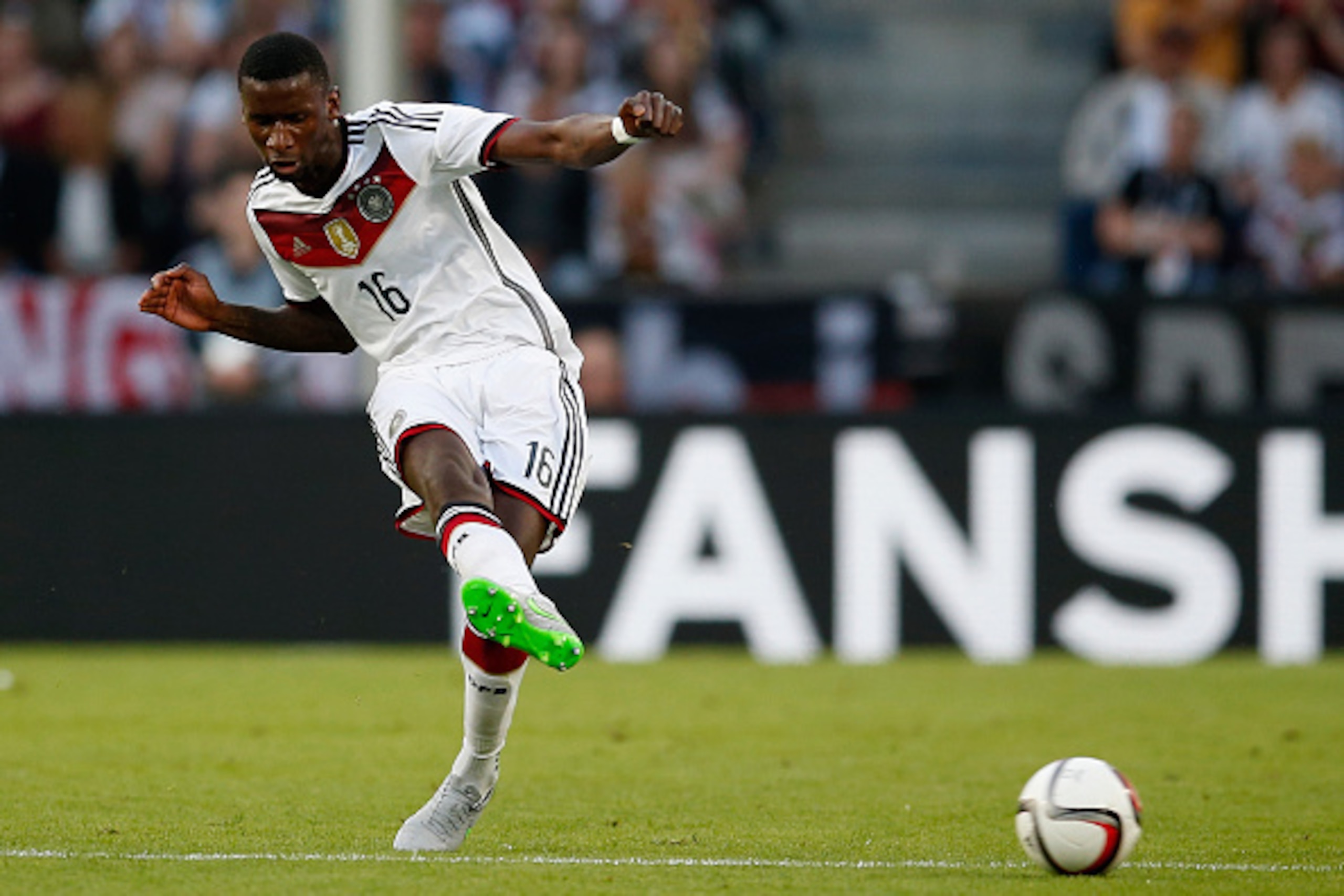 COLOGNE, GERMANY - JUNE 10:  Antonio Ruediger of Germany kicks the ball during the International Friendly match between Germany and USA at RheinEnergieStadion on June 10, 2015 in Cologne, Germany.  (Photo by Boris Streubel/Getty Images)