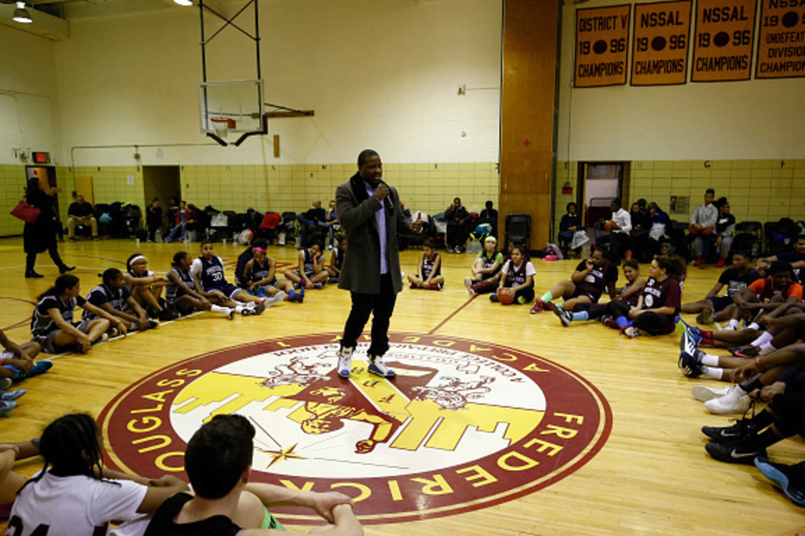 NEW YORK - FEBRUARY 11:   NFL player Jameel McClain speaks to high school basketball players the Big Man Clinic, an event created by Bridgilance Charity Services at Frederick Douglass Academy on February 11, 2015 in New York City. (Photo by Jeff Zelevansk