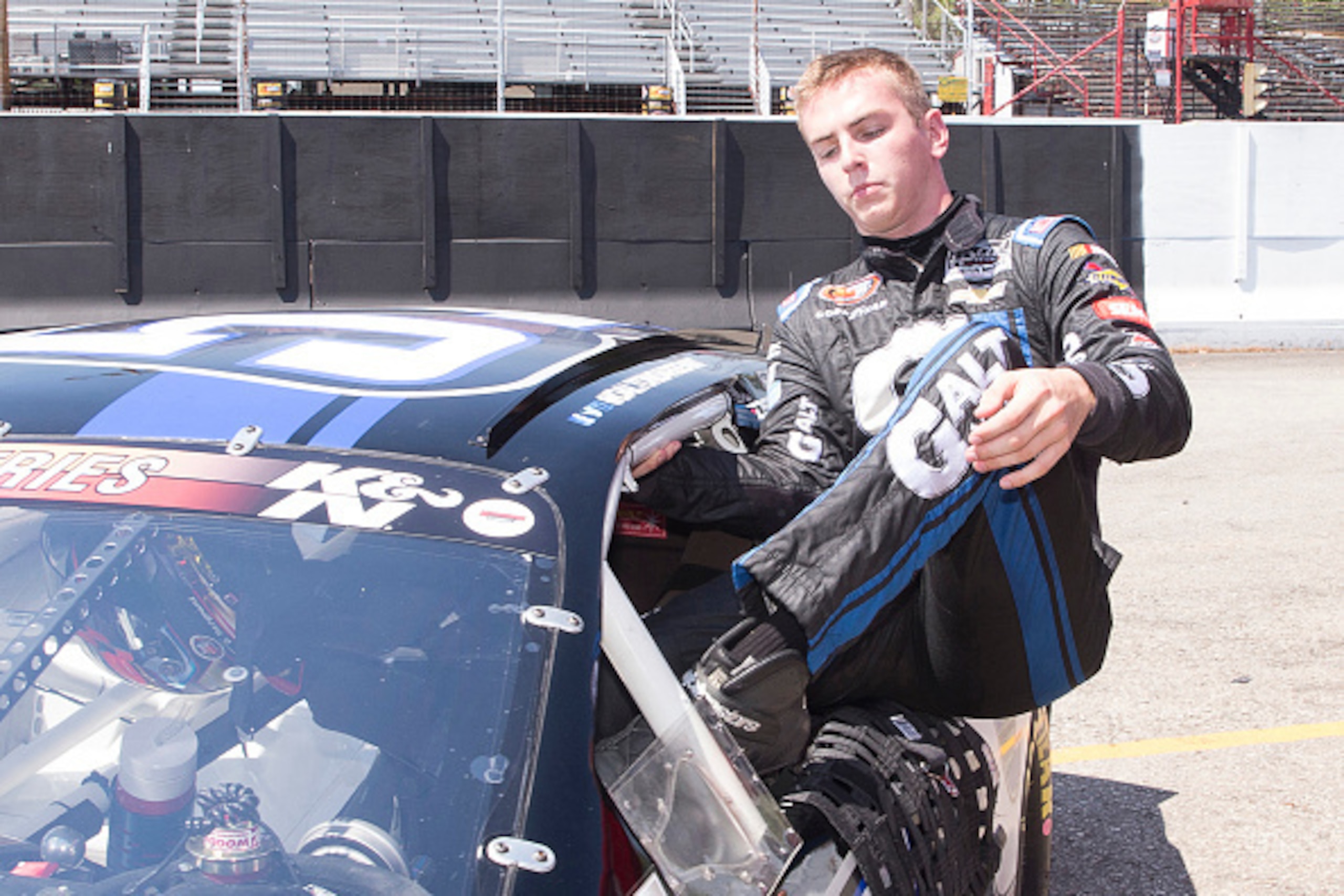 SMITHTON, PA - AUGUST 15: Dalton Sargeant, driver of the #51 GALT Chevrolet, exits his car and finishes with the fastest practice time for the NASCAR K&N Pro Series East race on August 15, 2015 at the Motordrome Speedway in Smithton, Pennsylvania. (Photo SMITHTON, PA - AUGUST 15: Dalton Sargeant, driver of the #51 GALT Chevrolet, exits his car and finishes with the fastest practice time for the NASCAR K&N Pro Series East race on August 15, 2015 at the Motordrome Speedway in Smithton, Pennsylvania. (Photo