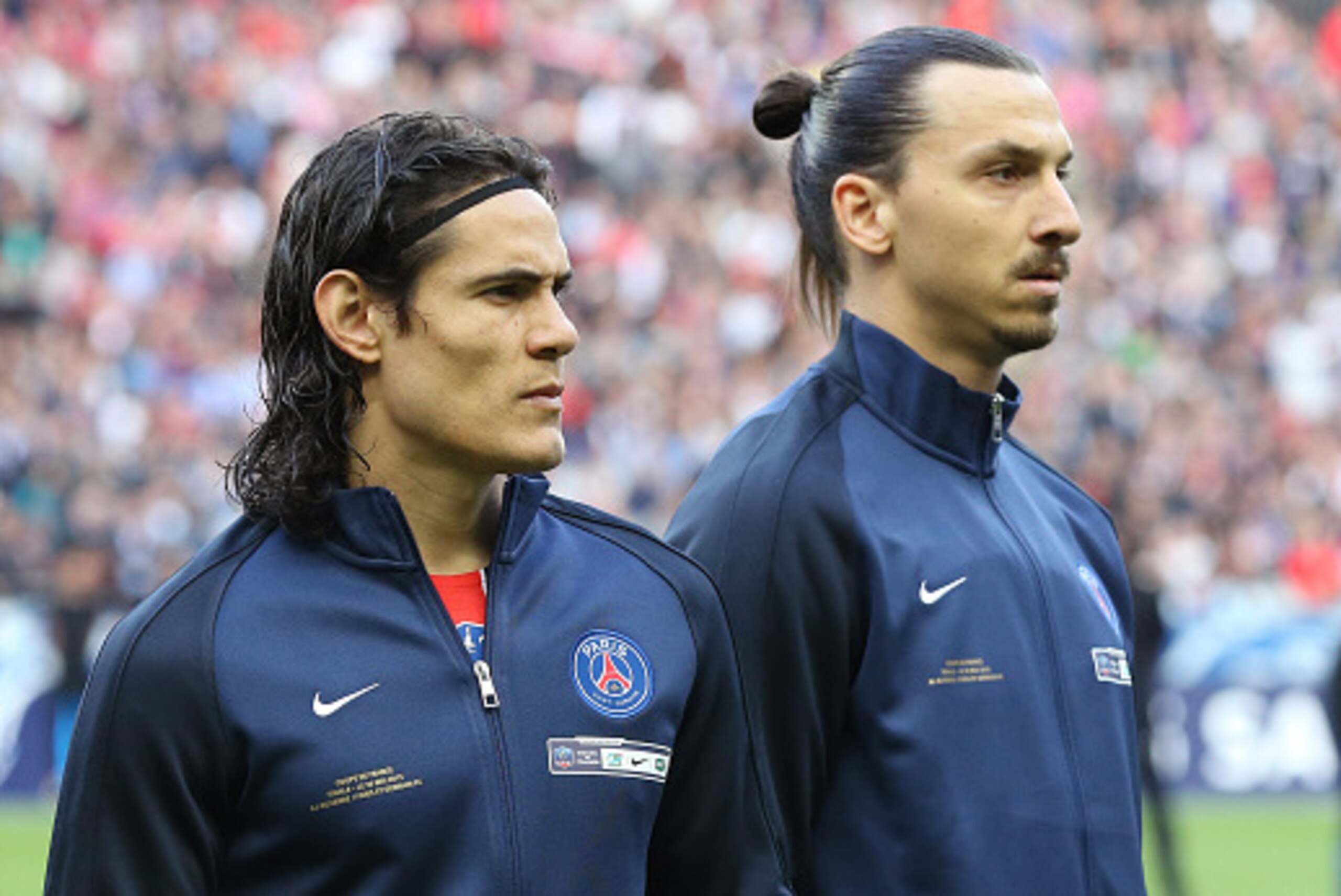 PARIS, FRANCE - MAY 30: Edinson Cavani of PSG and Zlatan Ibrahimovic of PSG look on before the French Cup Final between Paris Saint-Germain (PSG) and AJ Auxerre at Stade de France on May 30, 2015 in Saint-Denis nearby Paris, France. (Photo by Jean Catuffe