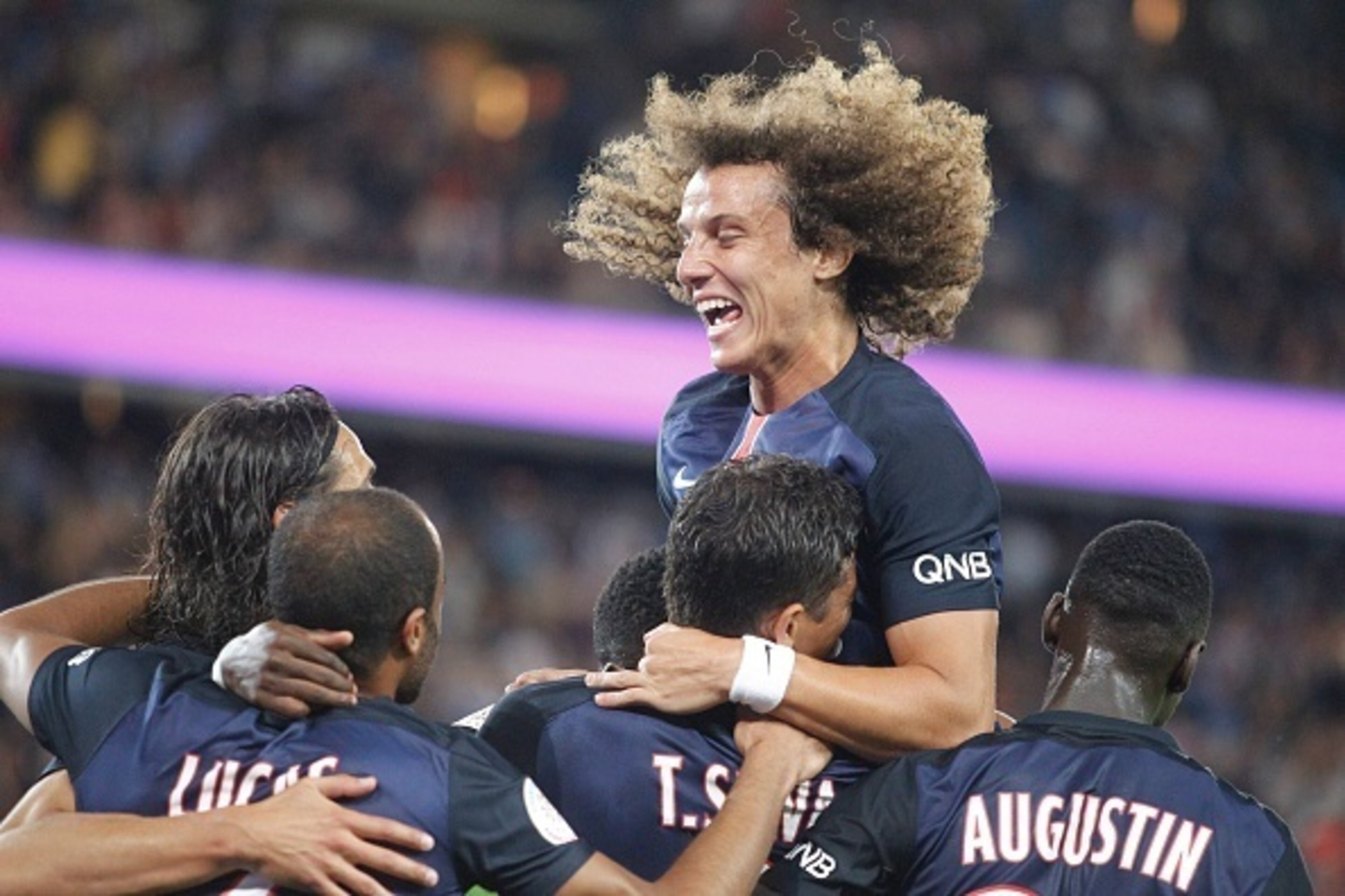 PARIS, FRANCE - AUGUST 16:  David Luiz of Paris Saint-Germain celebrate the goal of Thiago Silva with team-mattes during the French  Ligue 1 between Paris Saint-Germain FC and GFC Ajaccio at Parc Des Princes on august 16, 2015 in Paris, France.  (Photo by