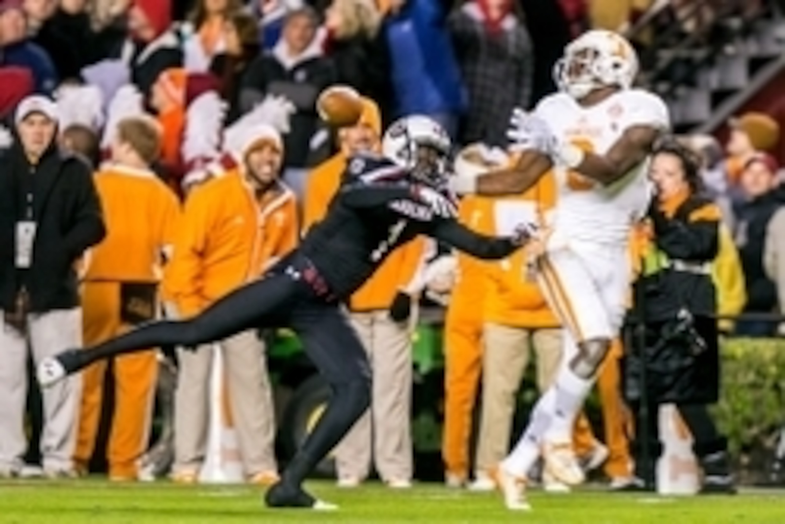 Nov 1, 2014; Columbia, SC, USA; South Carolina Gamecocks cornerback Rico McWilliams (1) breaks up a pass intended for Tennessee Volunteers wide receiver Marquez North (8) in the second quarter at Williams-Brice Stadium. Mandatory Credit: Jeff Blake-USA TO