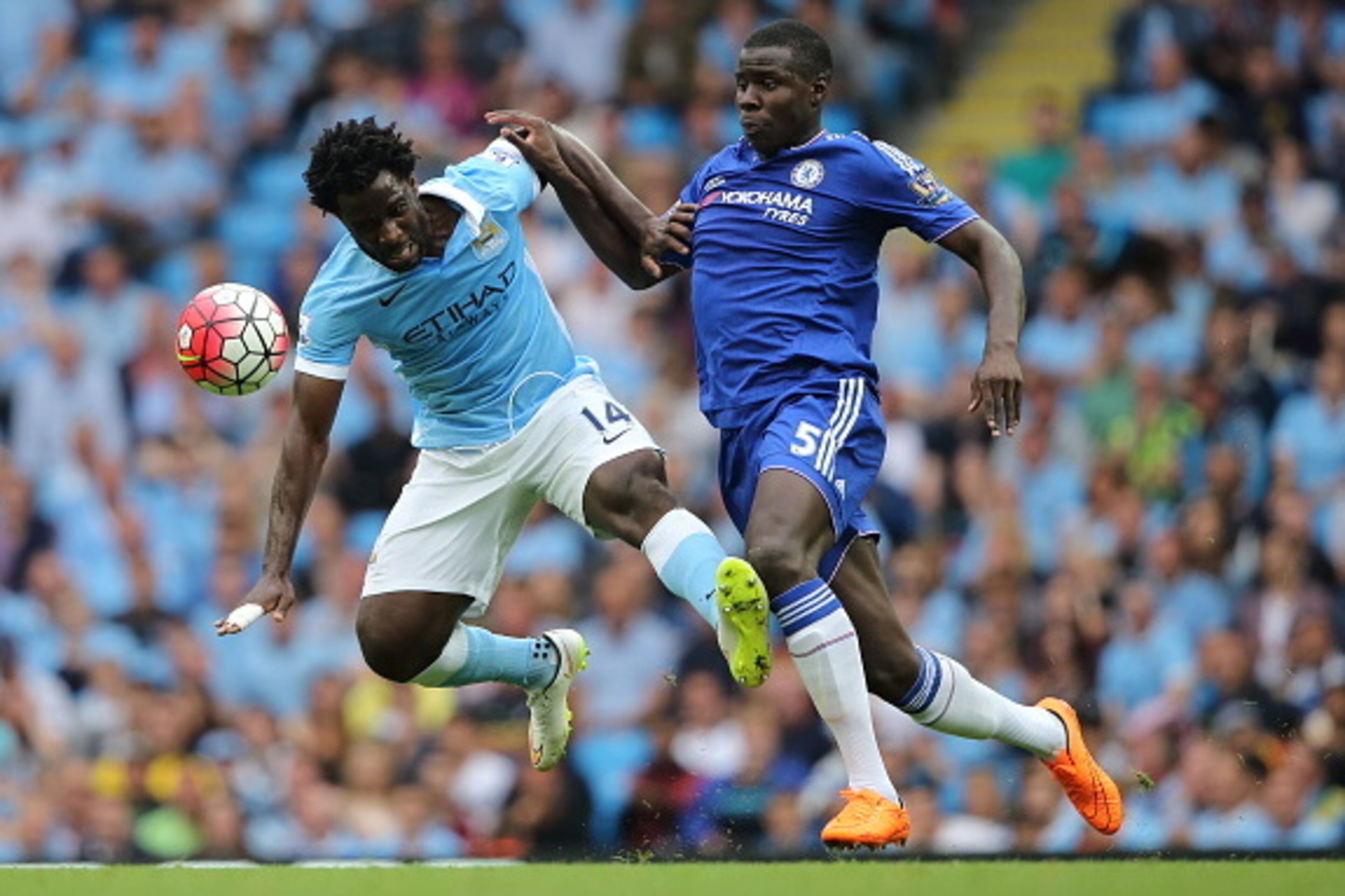 MANCHESTER, ENGLAND - AUGUST 16: Wilfried Bony of Manchester City and Kurt Zouma of Chelsea during the Barclays Premier League match between Manchester City and Chelsea at the Etihad Stadium on August 16, 2015 in Manchester, England. (Photo by Matthew A MANCHESTER, ENGLAND - AUGUST 16: Wilfried Bony of Manchester City and Kurt Zouma of Chelsea during the Barclays Premier League match between Manchester City and Chelsea at the Etihad Stadium on August 16, 2015 in Manchester, England. (Photo by Matthew A