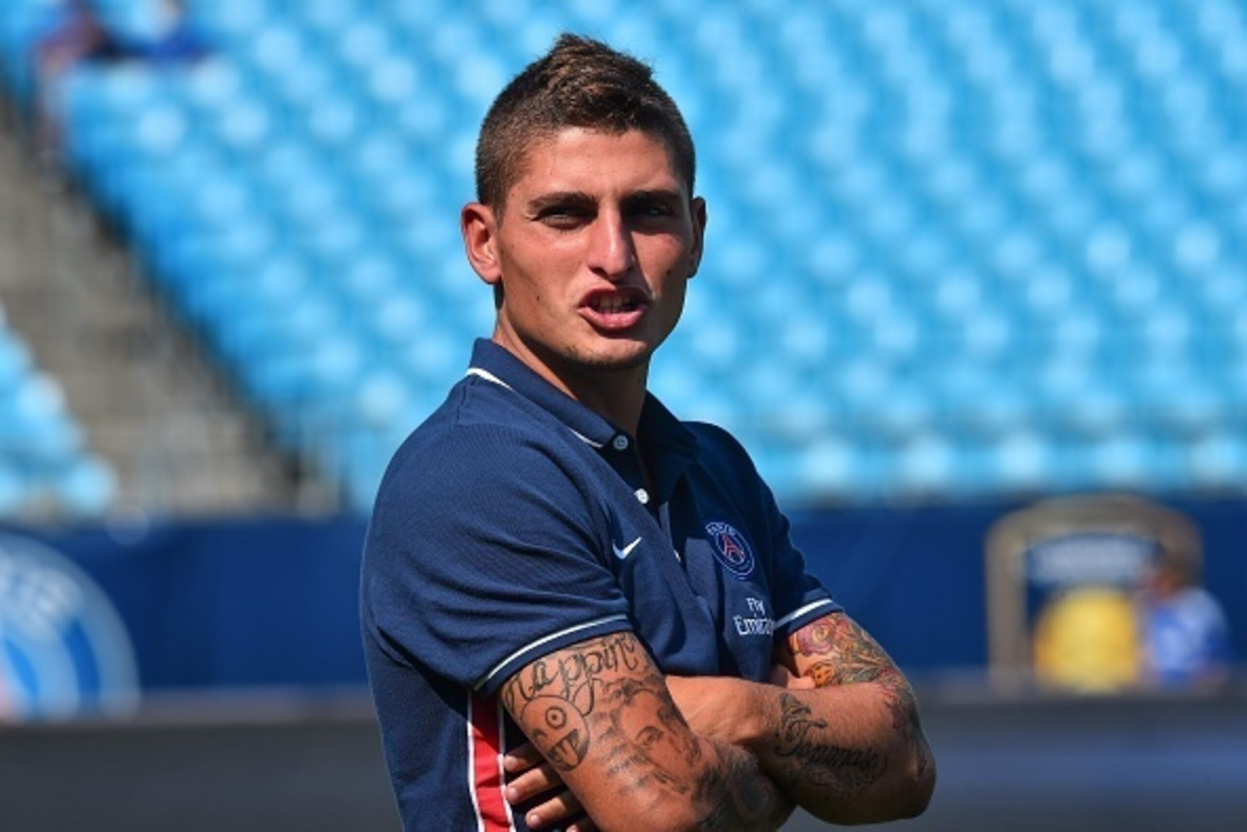 Paris saint-Germain's Italian midfielder Marco Verratti looks on before an International Champions Cup football match against Chelsea in Charlotte, North Carolina, on July 25, 2015.    AFP PHOTO/NICHOLAS KAMM        (Photo credit should read NICHOLAS KAMM