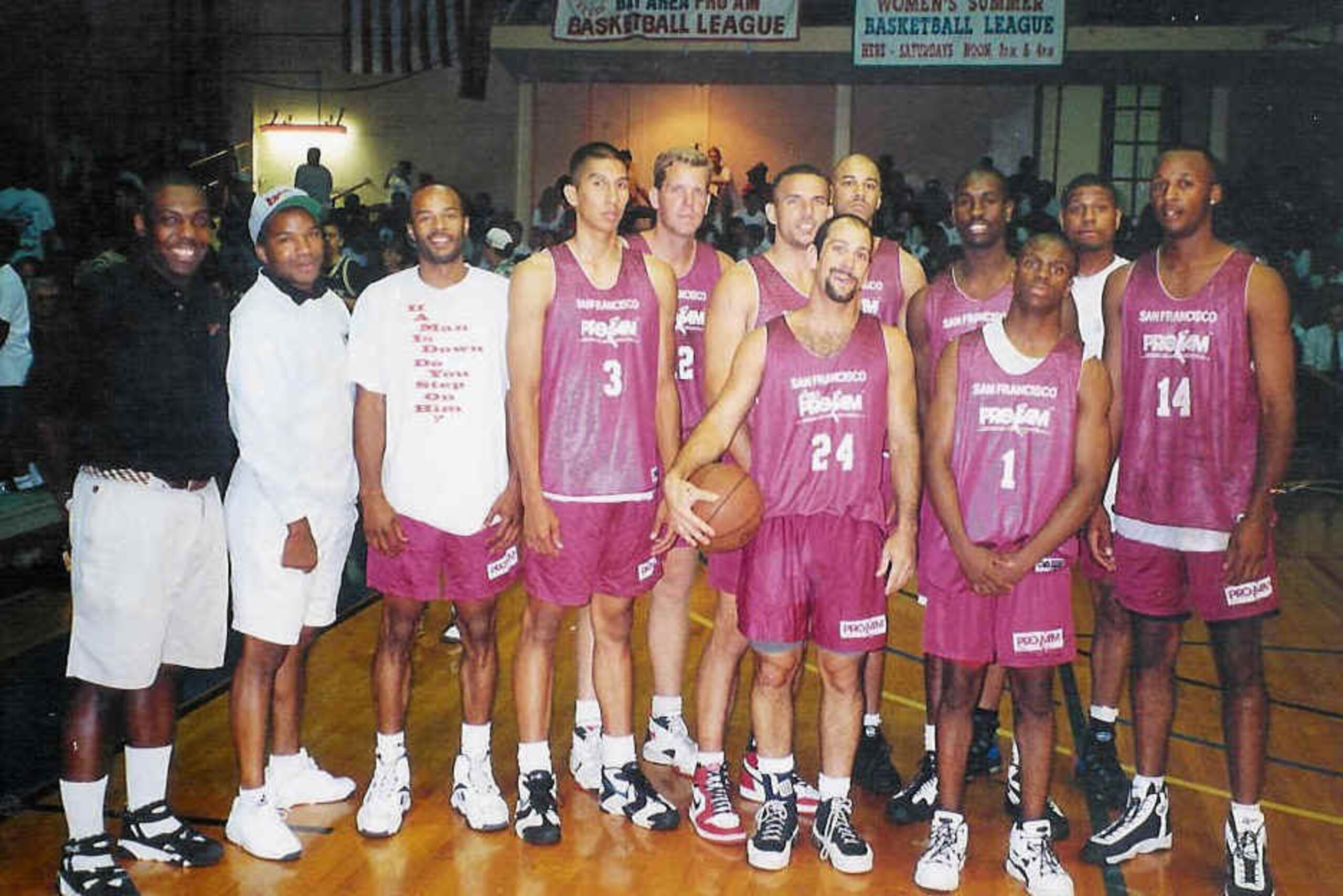 Bay Pride, the 1995 champions of the San Francisco Summer Pro-Am, featuring Brian Shaw (No. 14), Gary Payton (behind No. 1) and Jason Kidd (behind No. 24).