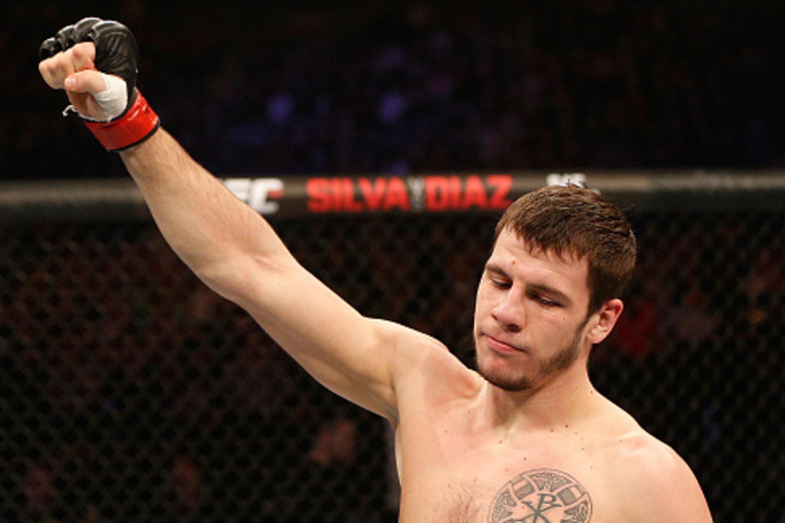 STOCKHOLM, SWEDEN - JANUARY 24:  Nikita Krylov of the Ukraine celebrates after his submission victory over Stanislav Nedkov of Bulgaria in their light heavyweight bout during the UFC Fight Night event at the Tele2 Arena on January 24, 2015 in Stockholm, S