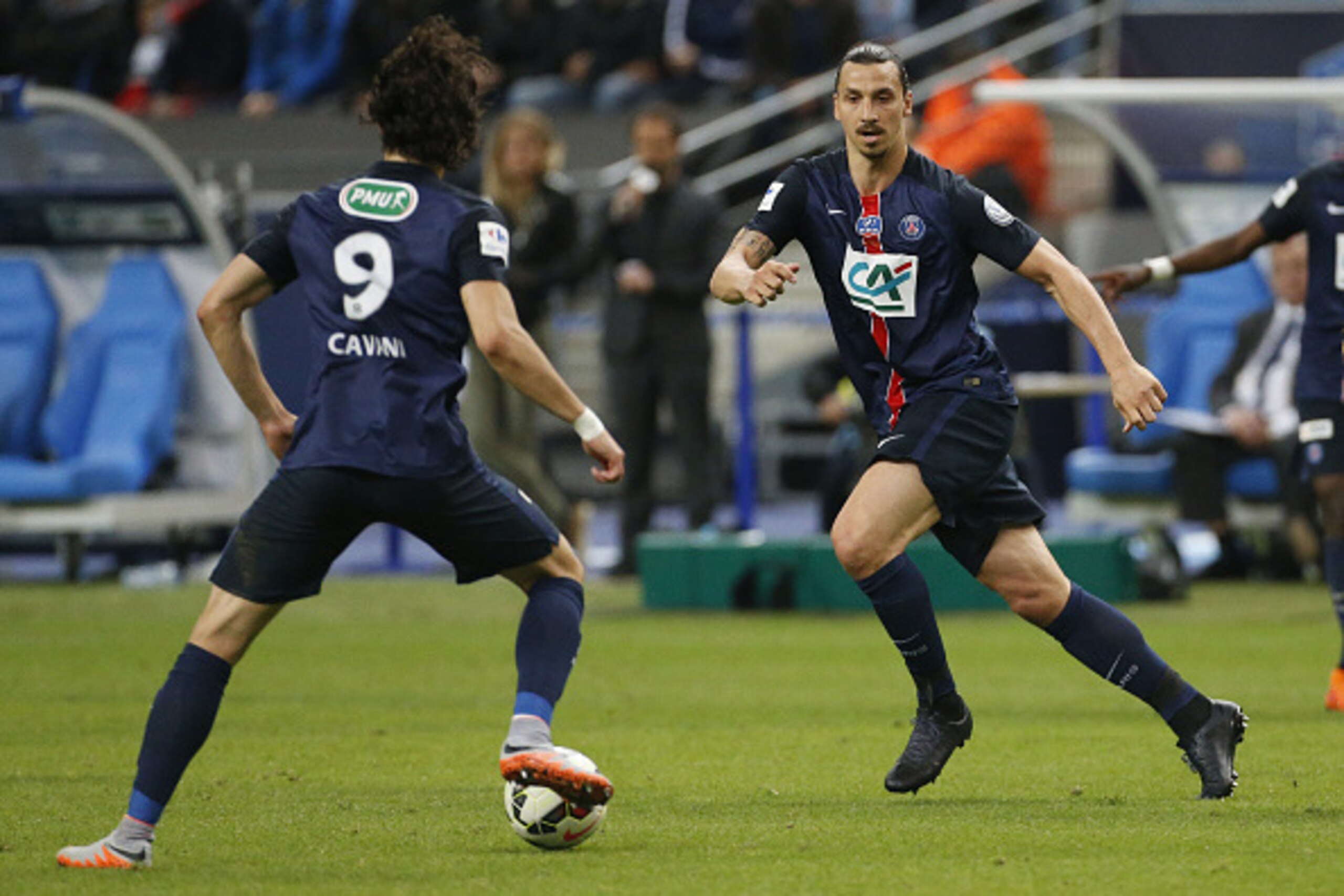PARIS, FRANCE - MAY 30: Edinson Cavani of PSG and Zlatan Ibrahimovic of PSG in action during the French Cup Final between Paris Saint-Germain (PSG) and AJ Auxerre at Stade de France on May 30, 2015 in Saint-Denis nearby Paris, France. (Photo by Jean Catuf