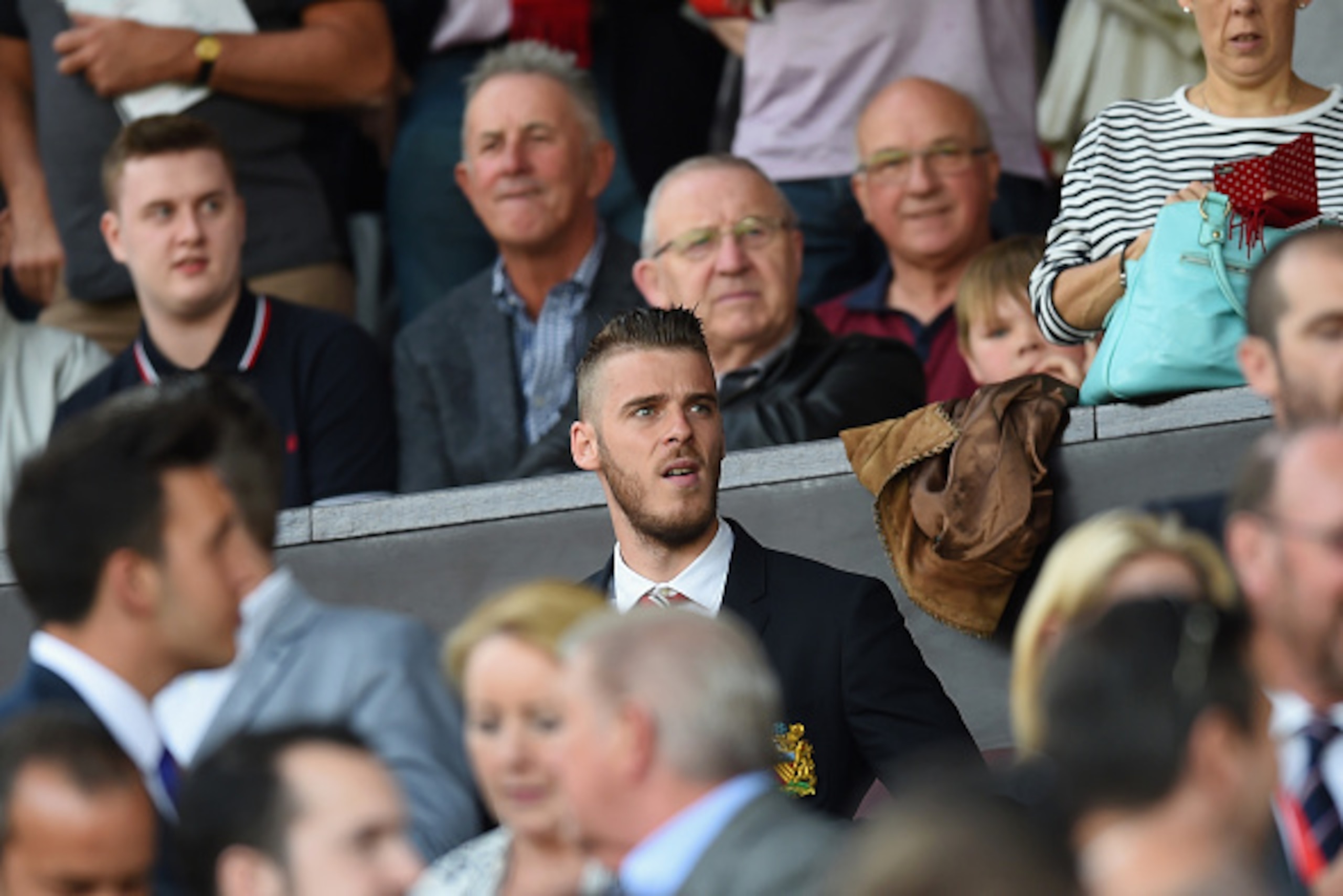 MANCHESTER, ENGLAND - AUGUST 08: David De Gea of Manchester United is seen on the stand during the Barclays Premier League match between Manchester United and Tottenham Hotspur at Old Trafford on August 8, 2015 in Manchester, England.  (Photo by Michael R