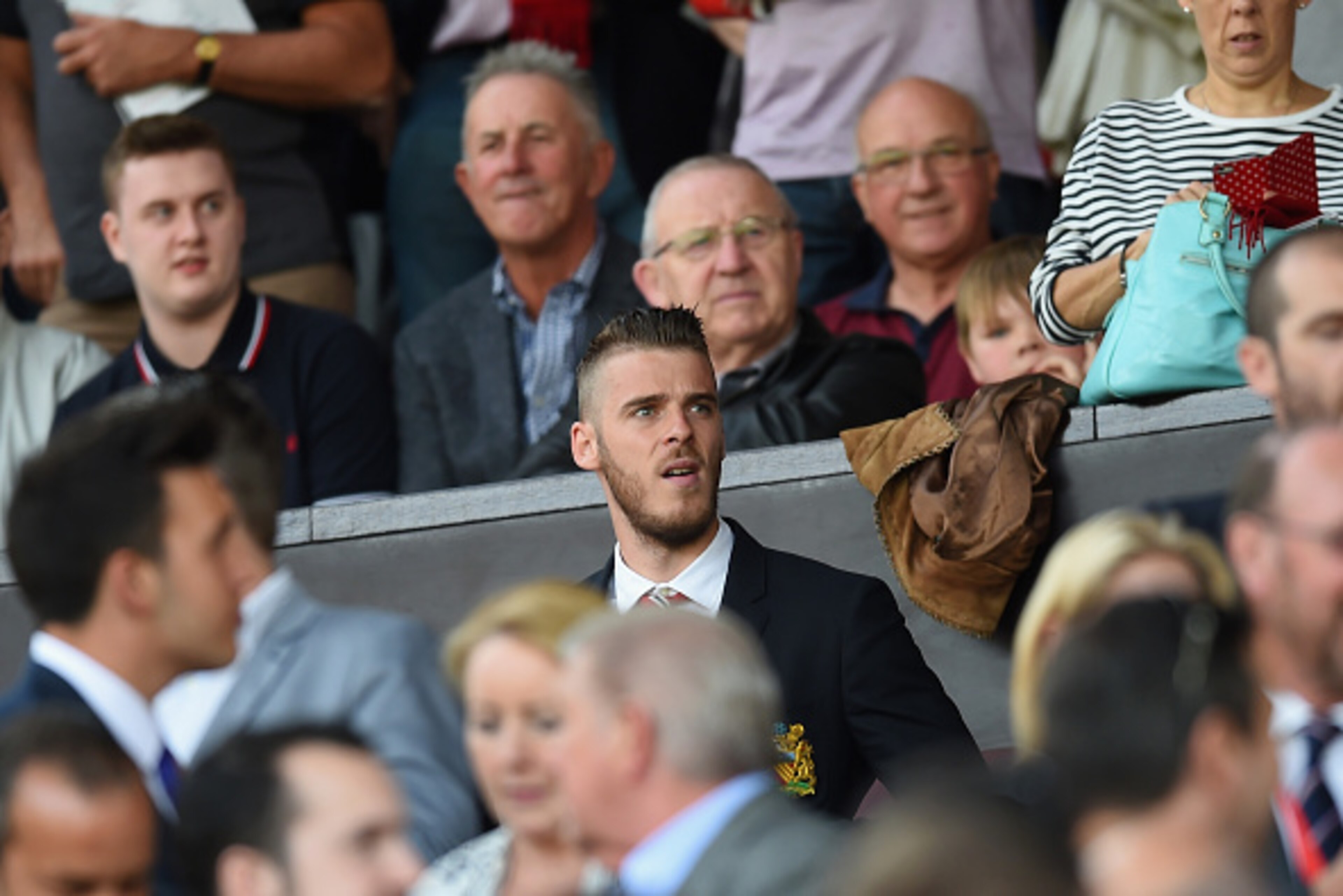 MANCHESTER, ENGLAND - AUGUST 08: David De Gea of Manchester United is seen on the stand during the Barclays Premier League match between Manchester United and Tottenham Hotspur at Old Trafford on August 8, 2015 in Manchester, England.  (Photo by Michael R
