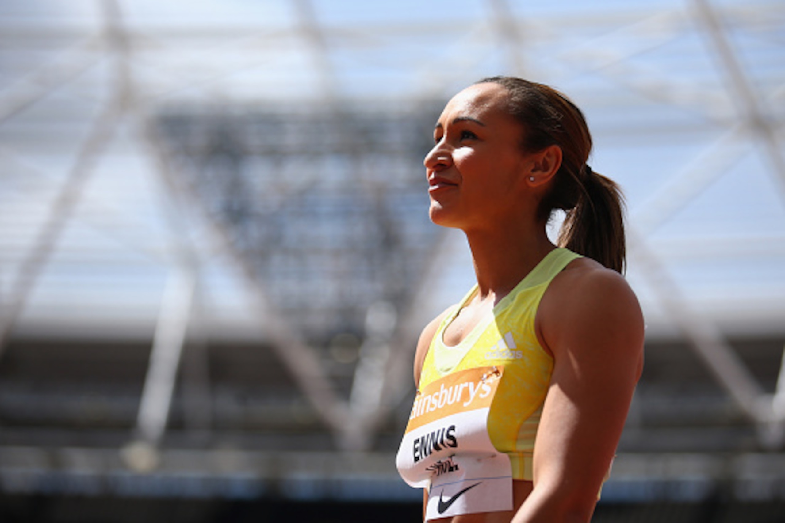 LONDON, ENGLAND - JULY 25:  Jessica Ennis-Hill of Great Britain looks on whilst competing in the Womens Long Jump during day two of the Sainsbury's Anniversary Games at The Stadium - Queen Elizabeth Olympic Park on July 25, 2015 in London, England.  (Phot