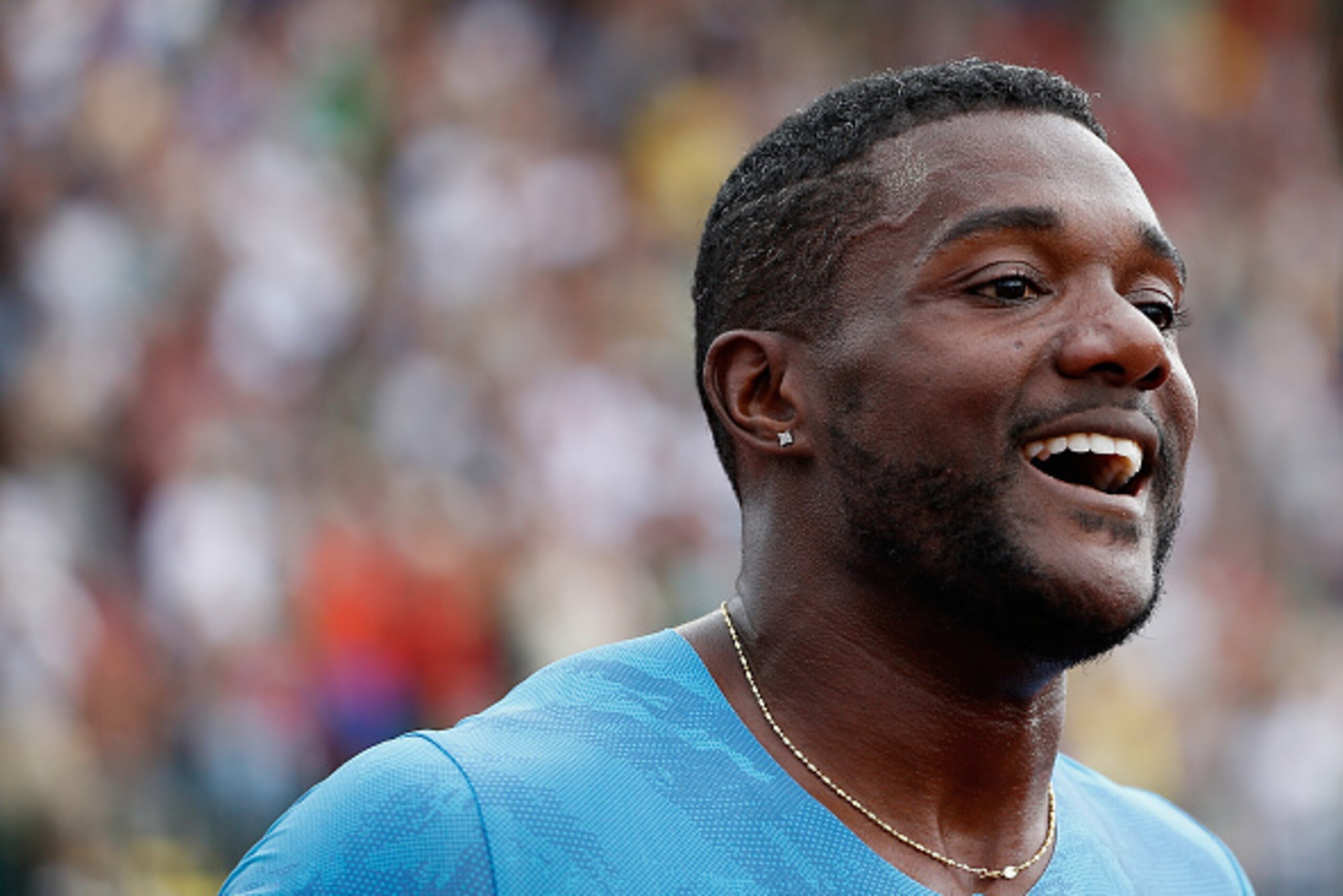 EUGENE, OR - JUNE 28:  Justin Gatlin talks with the media after winning the Men's 200 Meter Dash final during day four of the 2015 USA Outdoor Track & Field Championships at Hayward Field on June 28, 2015 in Eugene, Oregon.  (Photo by Christian Petersen/G