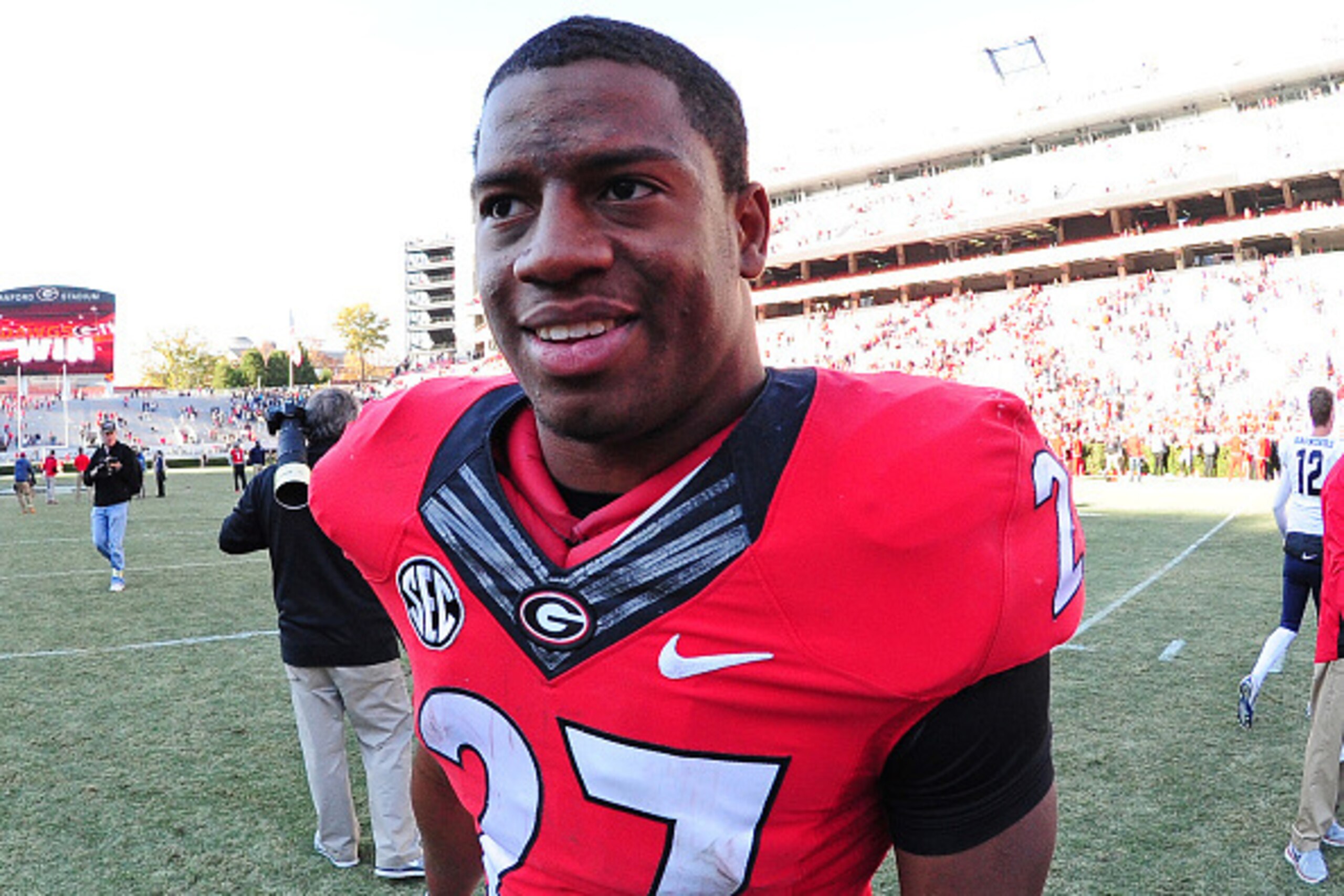 ATHENS, GA - NOVEMBER 22: Nick Chubb #27 of the Georgia Bulldogs heads off the field after the game against the Charleston Southern Buccaneers at Sanford Stadium on November 22, 2014 in Athens, Georgia. (Photo by Scott Cunningham/Getty Images)