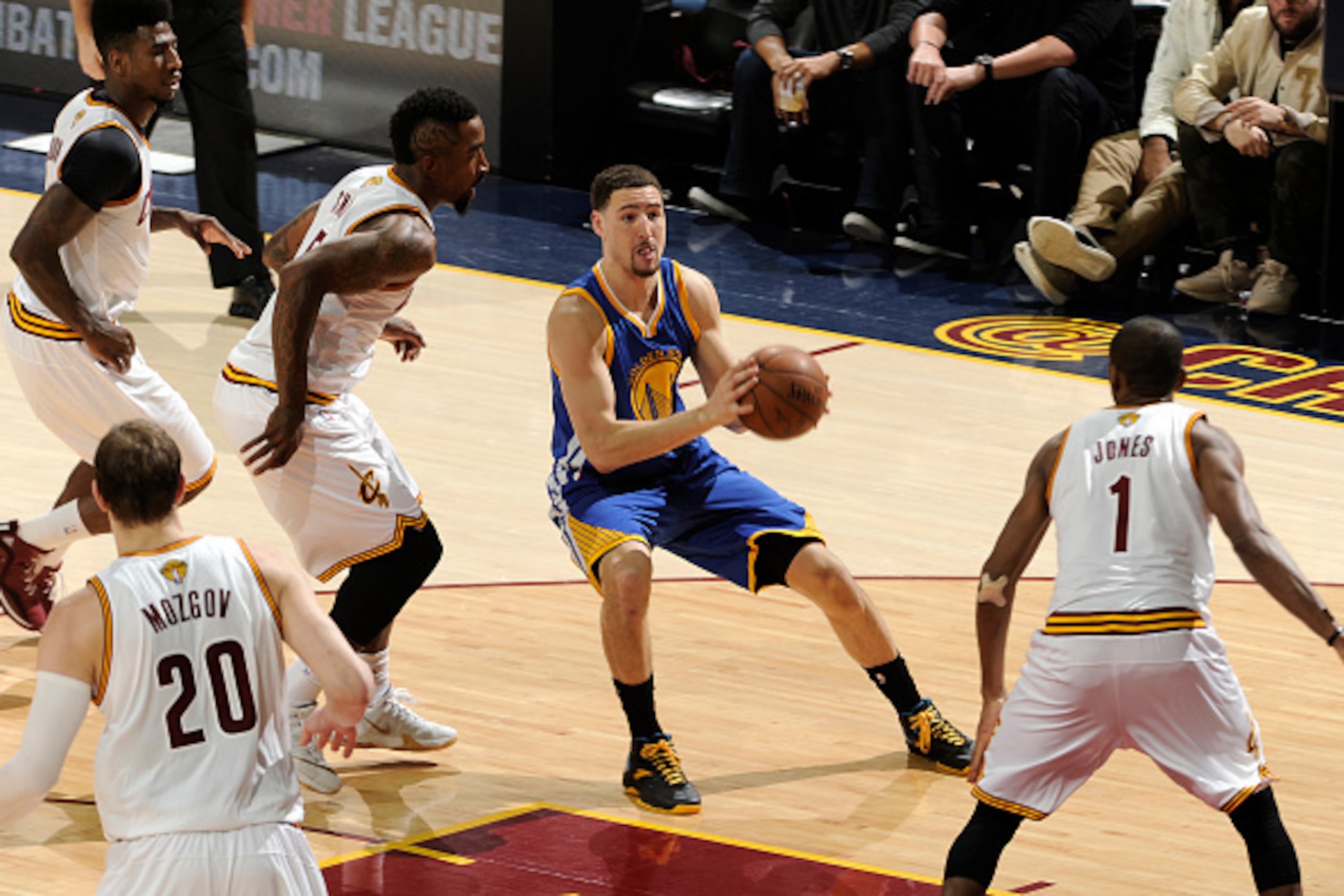 CLEVELAND, OH - JUNE 16: Klay Thompson #11 of the Golden State Warriors handles the ball against the Cleveland Cavaliers in Game Six of the 2015 NBA Finals at The Quicken Loans Arena on June 16, 2015 in Cleveland, OH. NOTE TO USER: User expressly acknowle