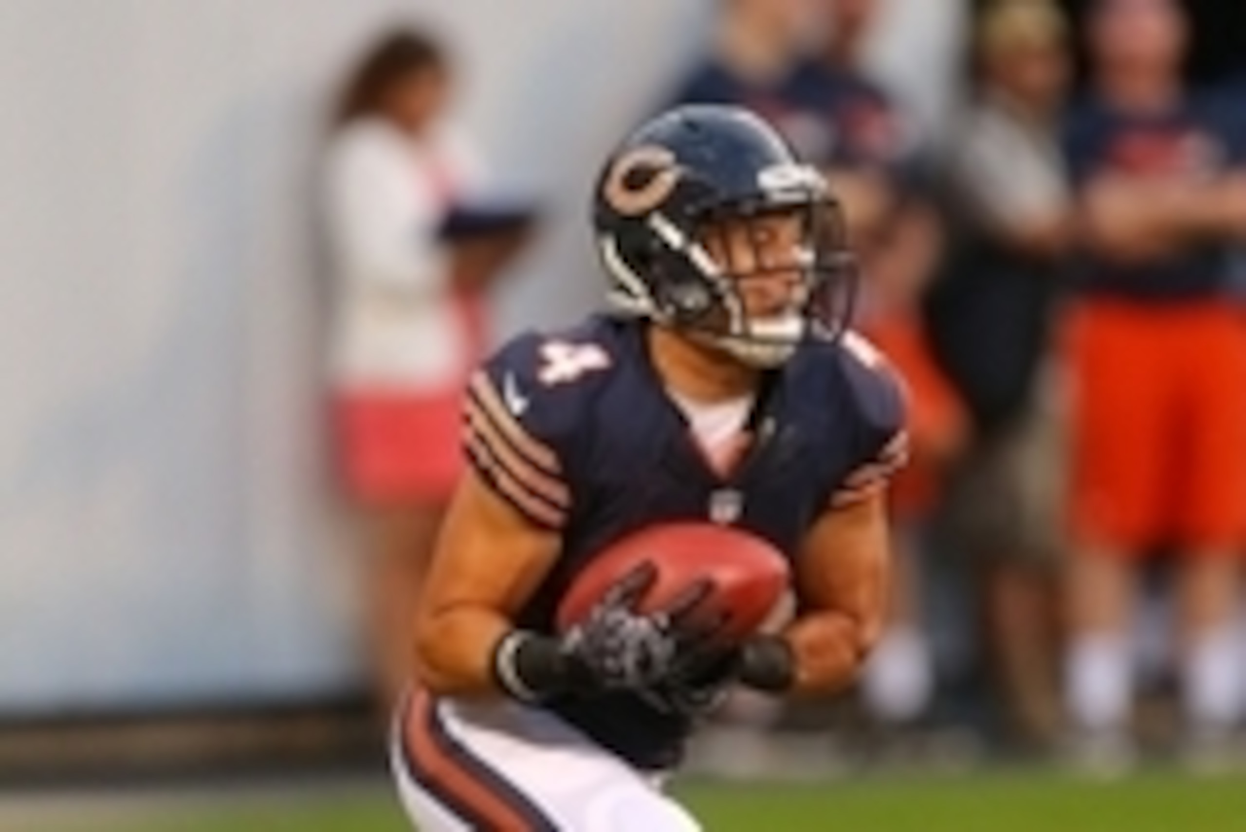 Aug 13, 2015; Chicago, IL, USA; Chicago Bears wide receiver A.J. Cruz (4) catches a kick off during the first quarter of a preseason NFL football game against the Miami Dolphins at Soldier Field. Mandatory Credit: Dennis Wierzbicki-USA TODAY Sports