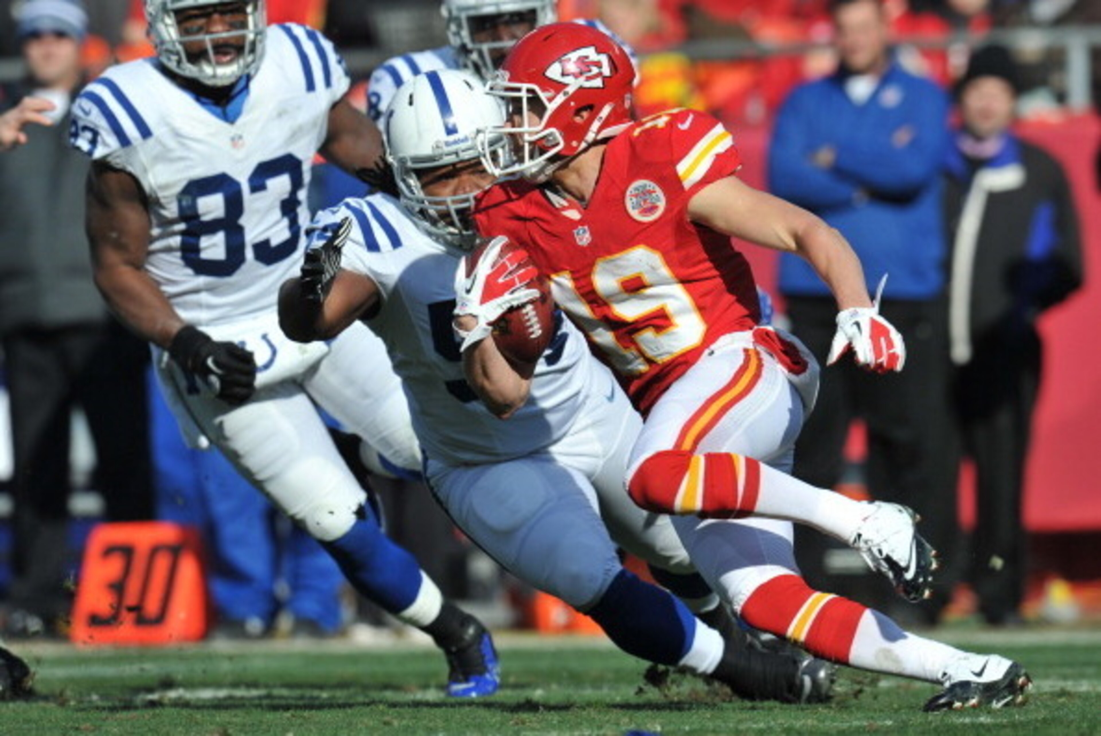 KANSAS CITY, MO - DECEMBER 23: Wide receiver Devon Wylie #19 of the Kansas City Chiefs returns a punt against the Indianapolis Colts during the first half on December 23, 2012 at Arrowhead Stadium in Kansas City, Missouri. (Photo by Peter G. Aiken/Getty I