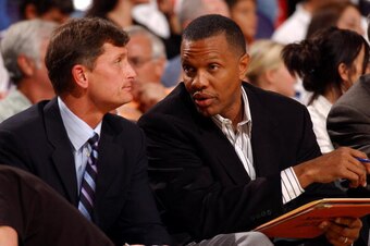 PHOENIX - NOVEMBER 3:  Assistant coaches Phil Weber and Alvin Gentry of the Phoenix Suns talk to each other during the game against the Utah Jazz on November 3, 2006, at U.S. Airways Center in Phoenix, Arizona. The Jazz won 108-104. NOTE TO USER: User exp