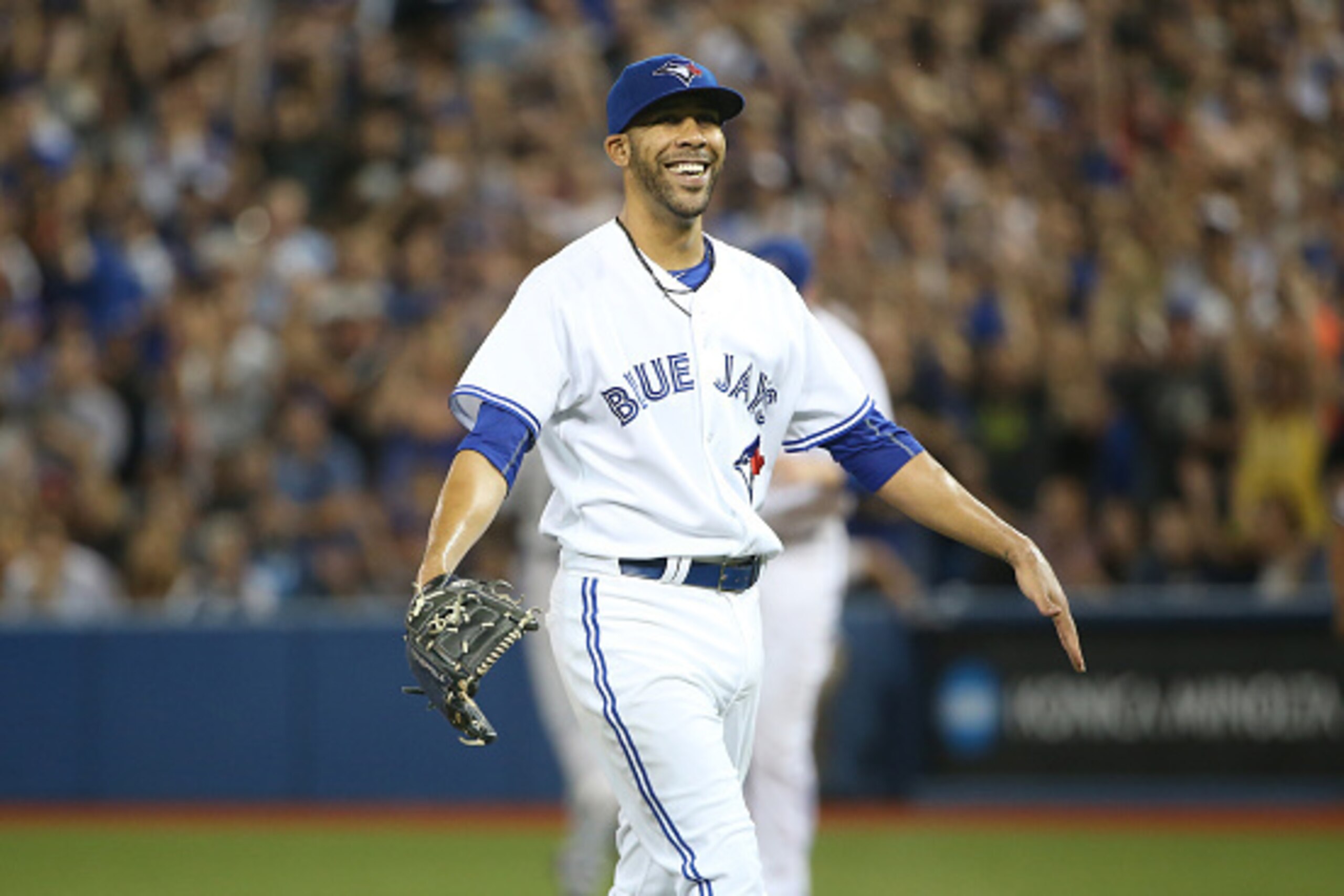 TORONTO, CANADA - AUGUST 14: David Price #14 of the Toronto Blue Jays reacts after getting the final out of the sixth inning during MLB game action against the New York Yankees on August 14, 2015 at Rogers Centre in Toronto, Ontario, Canada. (Photo by Tom