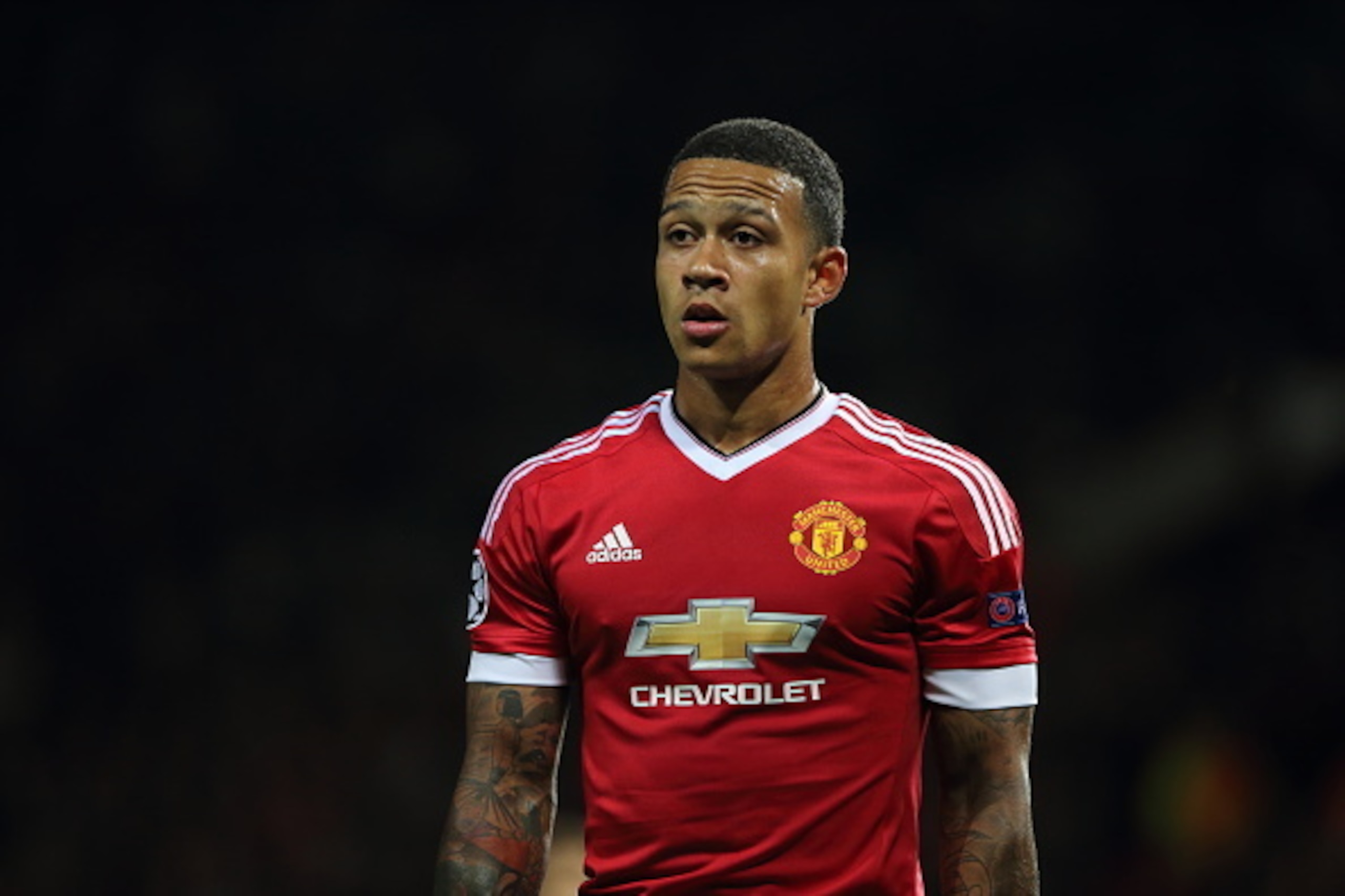 MANCHESTER, ENGLAND - AUGUST 18:  Memphis Depay of Manchester United during the UEFA Champions League Qualifying Round Play Off First Leg between Manchester United and Club Brugge at Old Trafford on August 18, 2015 in Manchester, England.  (Photo by Matth