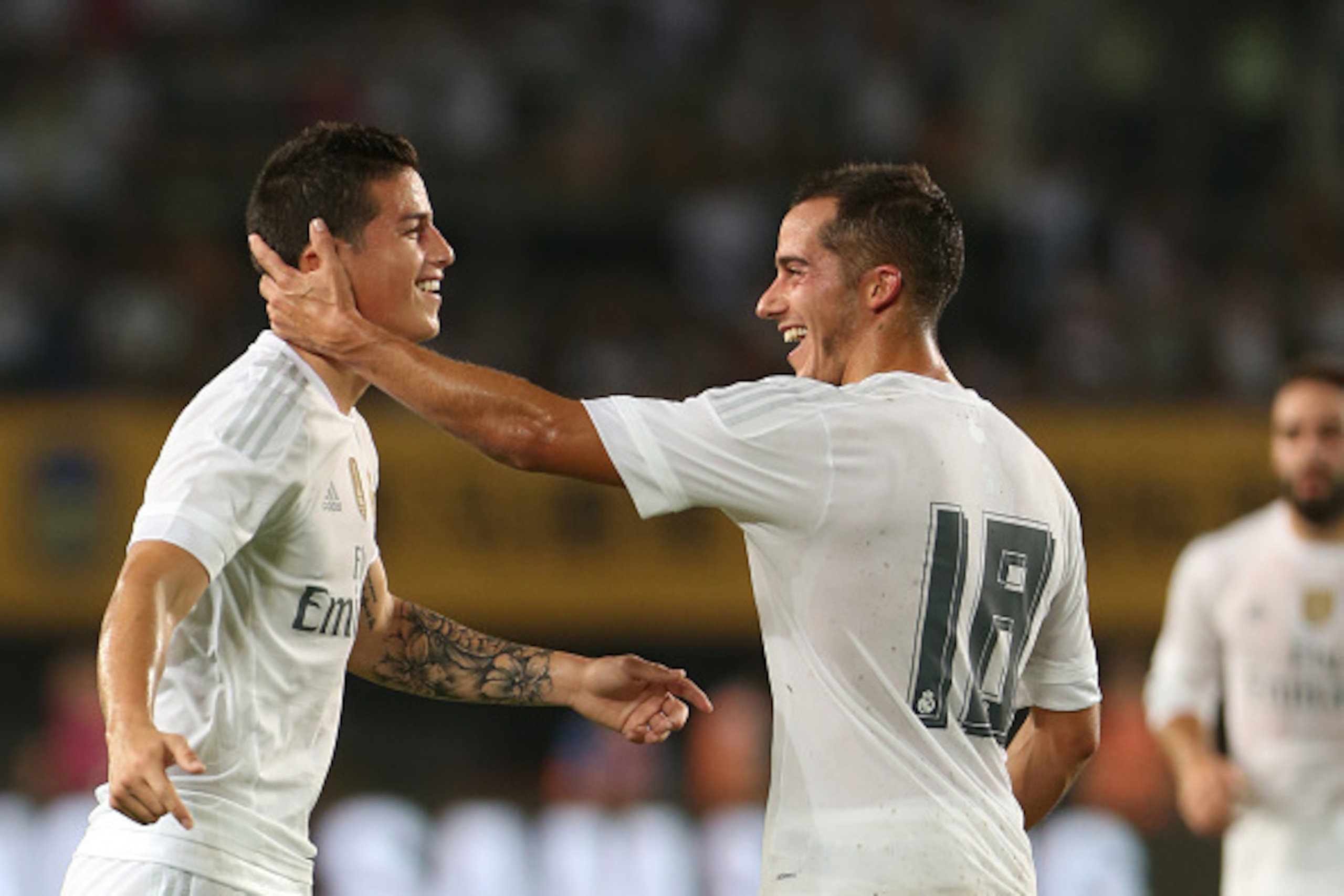 GUANGZHOU, CHINA - JULY 27: James Rodriguez of Real Madrid celebrates his goal with Lucas Vazquez and other teammates during the match of International Champions Cup match between Real Madrid and FC Internazionale at Tianhe Stadium on July 27, 2015 in Gua