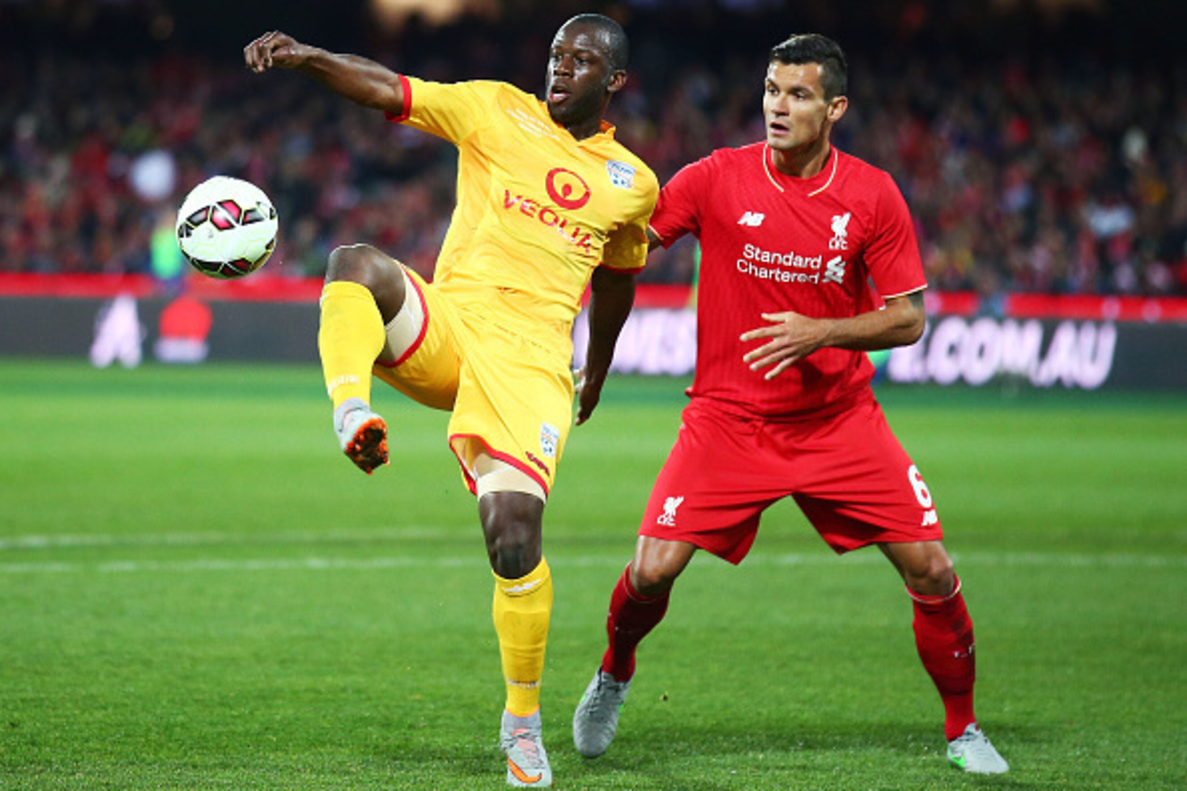 ADELAIDE, AUSTRALIA - JULY 20:  Bruce Djite of United is challenged by Dejan Lovren of Liverpool during the international friendly match between Adelaide United and Liverpool FC at Adelaide Oval on July 20, 2015 in Adelaide, Australia.  (Photo by Matt Kin