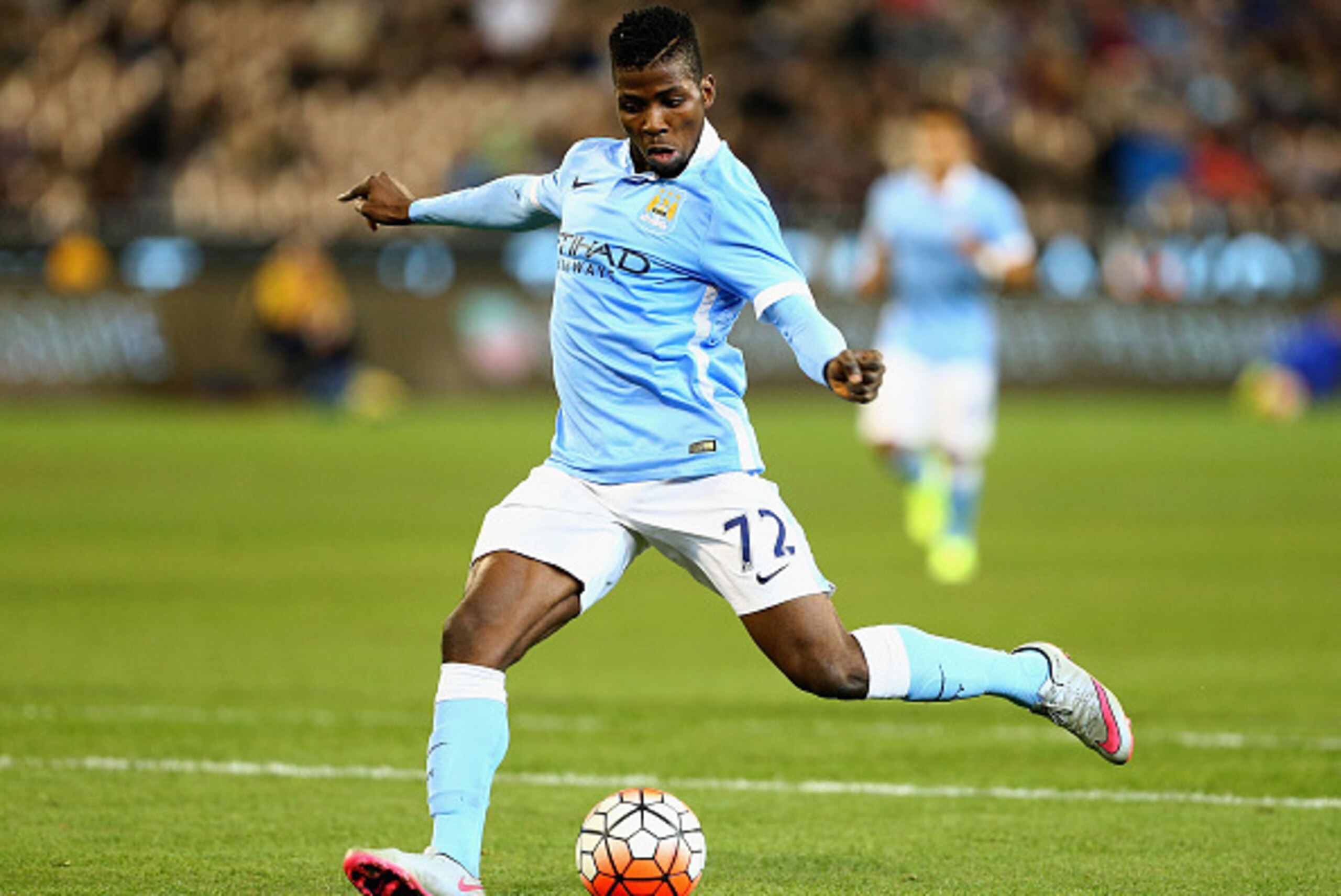 MELBOURNE, AUSTRALIA - JULY 21:  Kelechi Iheanacho of Manchester City kicks the ball during the International Champions Cup friendly match between Manchester City and AS Roma at the Melbourne Cricket Ground on July 21, 2015 in Melbourne, Australia.  (Phot