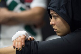 RIO DE JANEIRO, BRAZIL - AUGUST 01:  UFC straight champion Ronda Rousey of the United States gets her hands wrapped backstage during the UFC 190 event inside HSBC Arena on August 1, 2015 in Rio de Janeiro, Brazil.  (Photo by Jeff Bottari/Zuffa LLC/Zuffa L