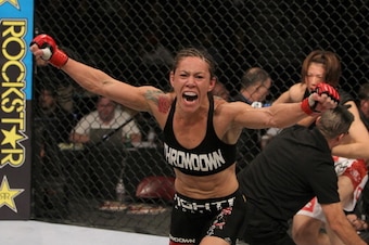 SAN DIEGO - DECEMBER 17:  Cris 'Cyborg' Santos reacts to her knockout victory over Hiroko Yamanaka during the Strikeforce event at the Valley View Casino Center on December 17, 2011 in San Diego, California.  (Photo by Josh Hedges/Forza LLC/Forza LLC via 