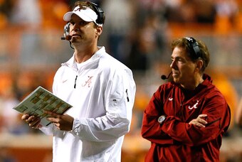 KNOXVILLE, TN - OCTOBER 25:  Offensive coordinator Lane Kiffin and head coach Nick Saban of the Alabama Crimson Tide against the Tennessee Volunteers at Neyland Stadium on October 25, 2014 in Knoxville, Tennessee.  (Photo by Kevin C. Cox/Getty Images)