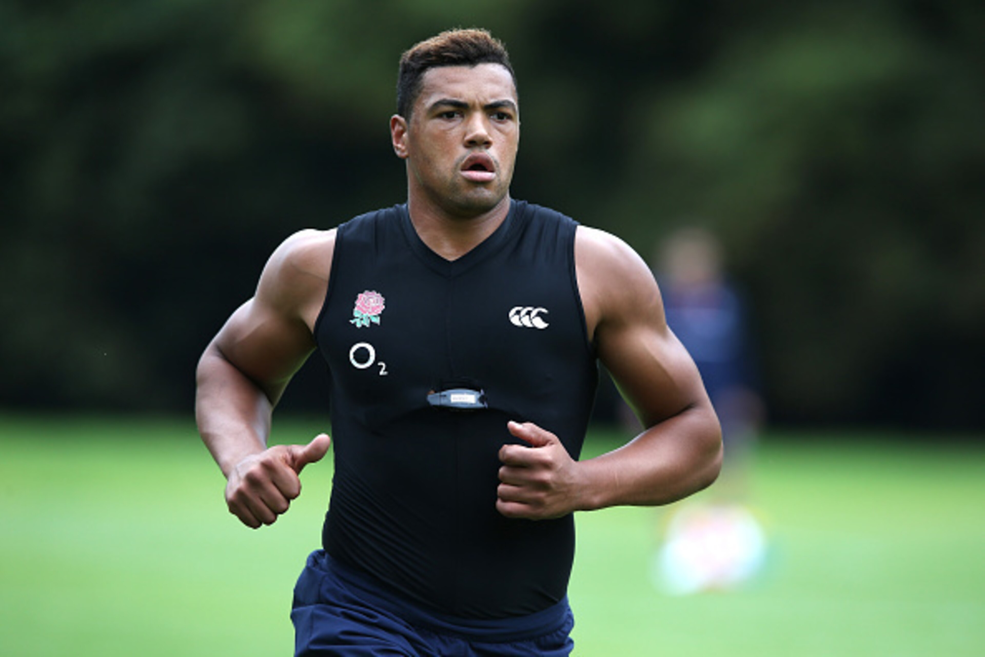 BAGSHOT, ENGLAND - AUGUST 18:  Luther Burrell sprints during the England training session held at Pennyhill Park on August 18, 2015 in Bagshot, England.  (Photo by David Rogers/Getty Images)